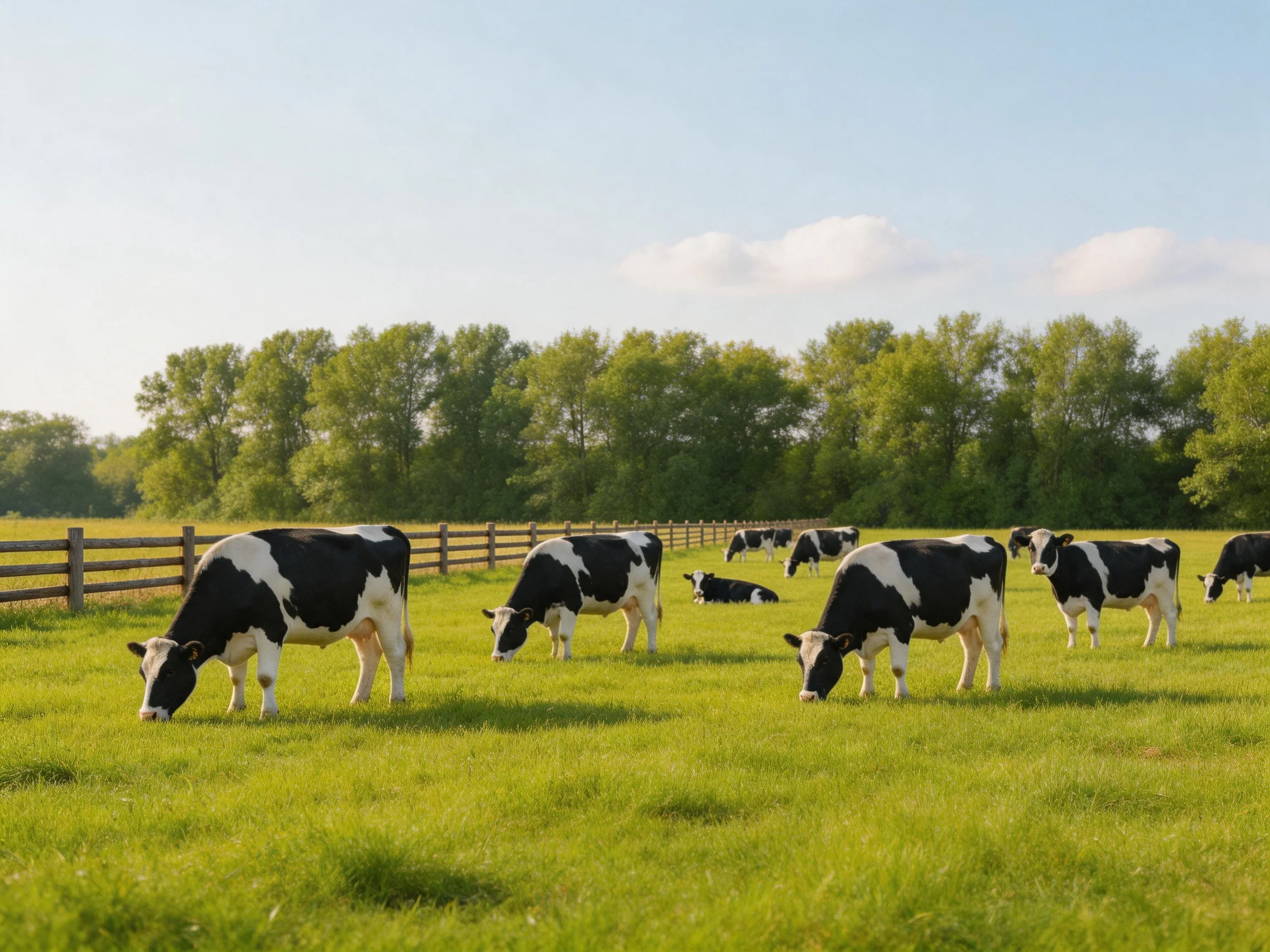 Nine black-and-white cows graze in a lush green pasture near a wooden fence