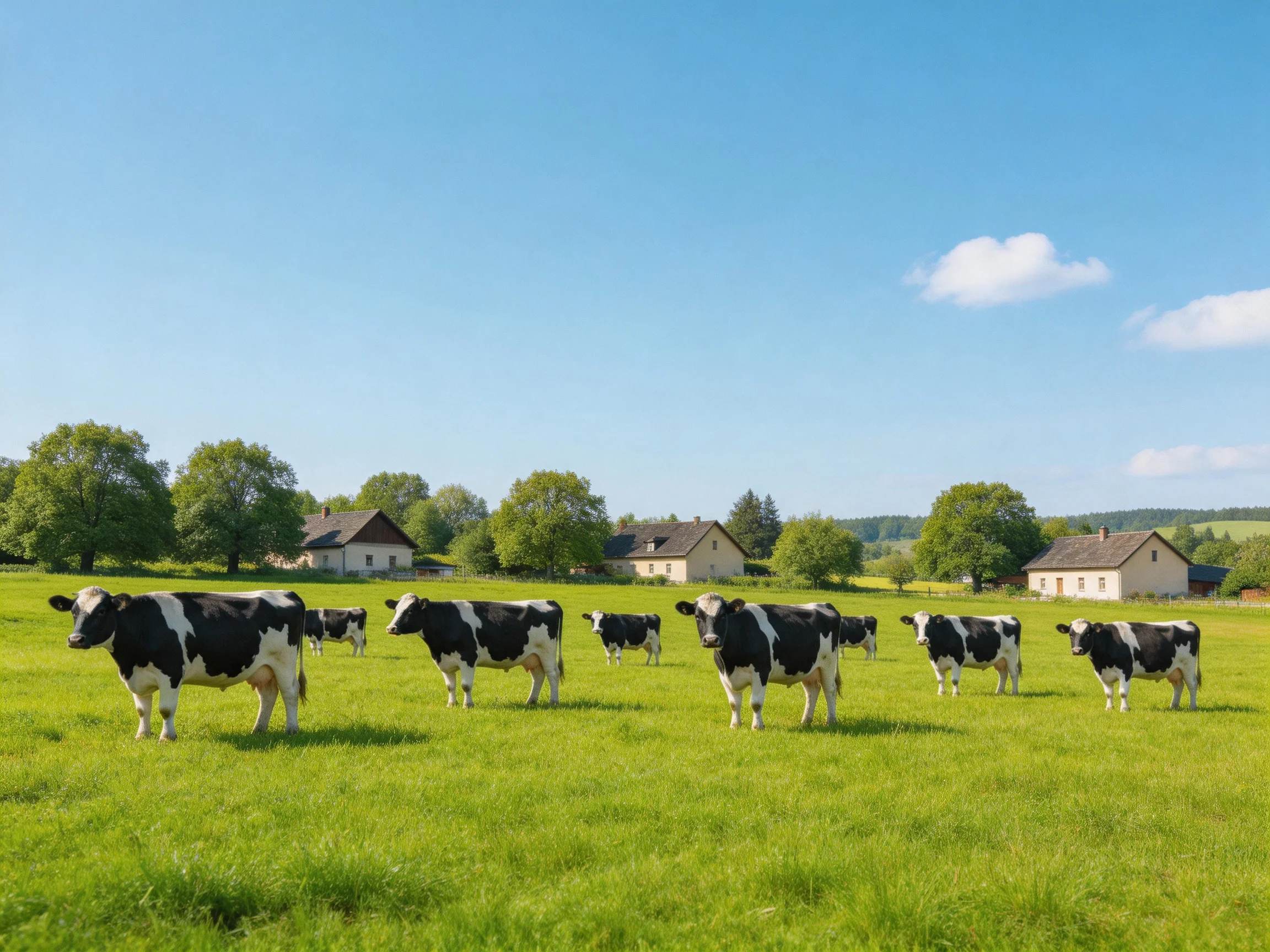 Nine black - and - white cows graze in a lush green pasture near rural homes
