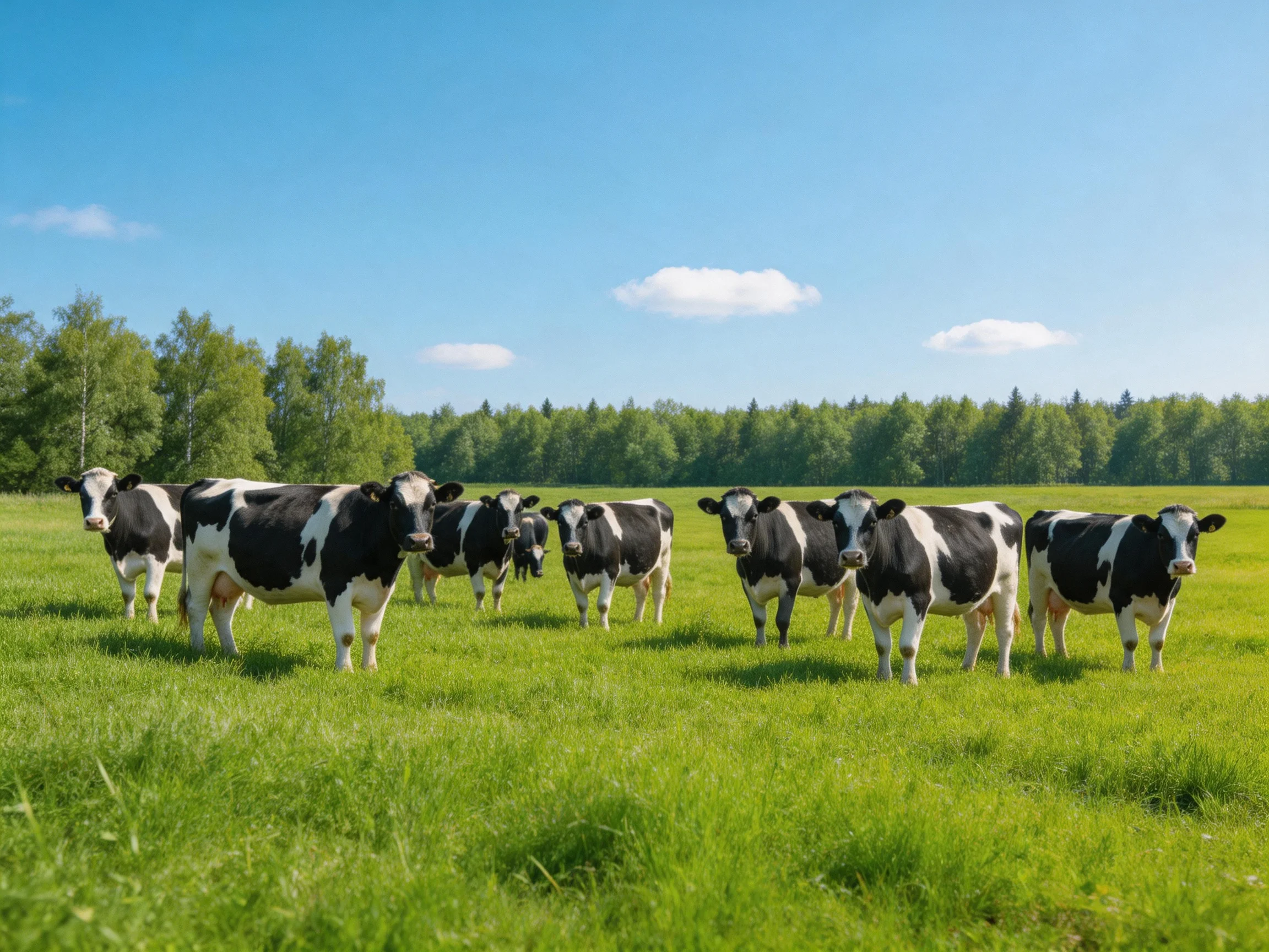 Nine black-and-white cows graze in a lush green pasture under bright blue skies
