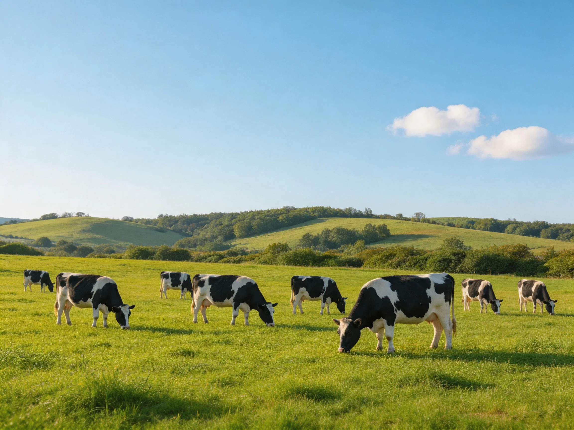 Nine black-and-white cows graze in a sun-drenched green pasture with rolling hills