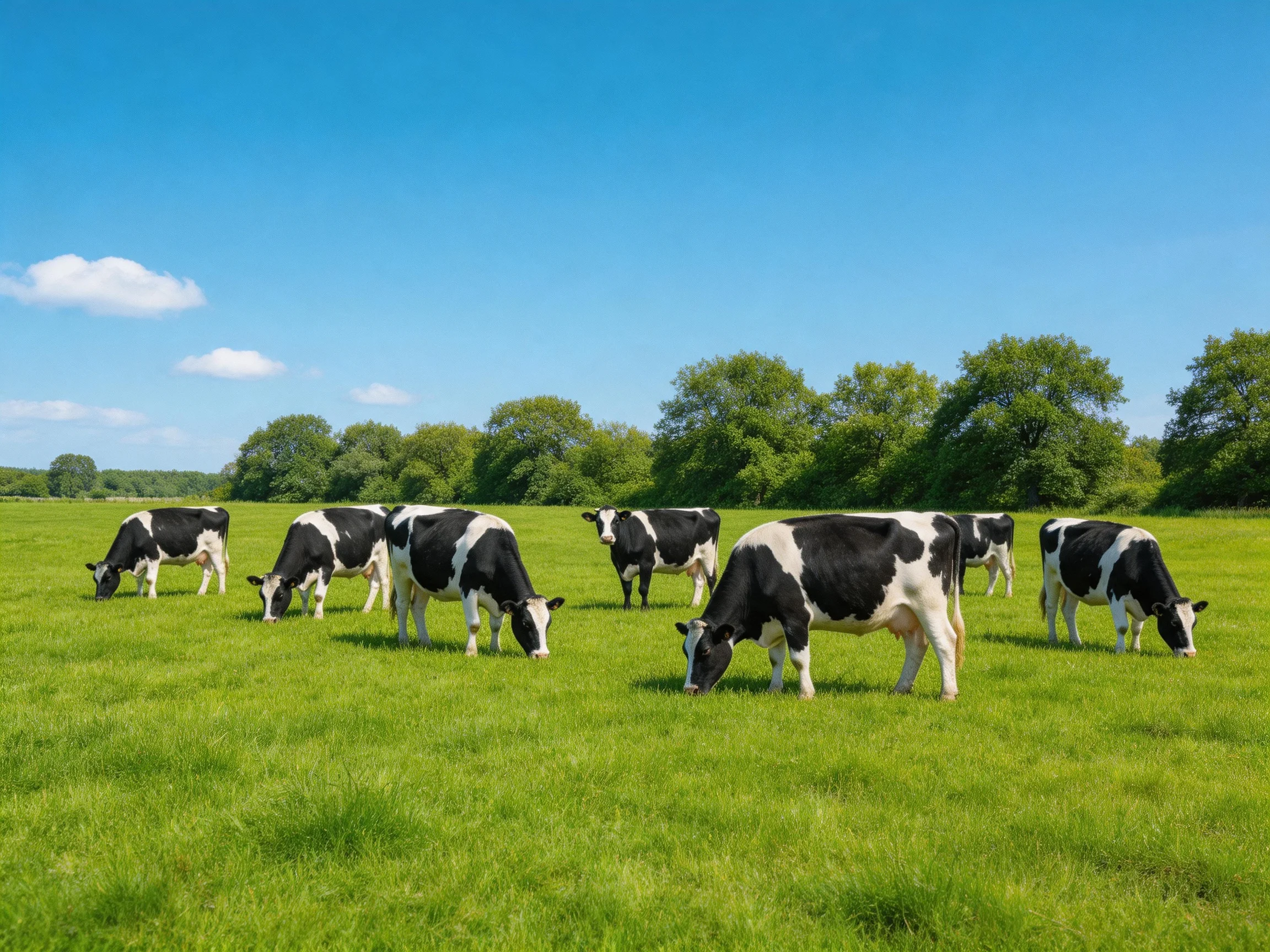 Nine black-and-white cows graze in a sunny green pasture