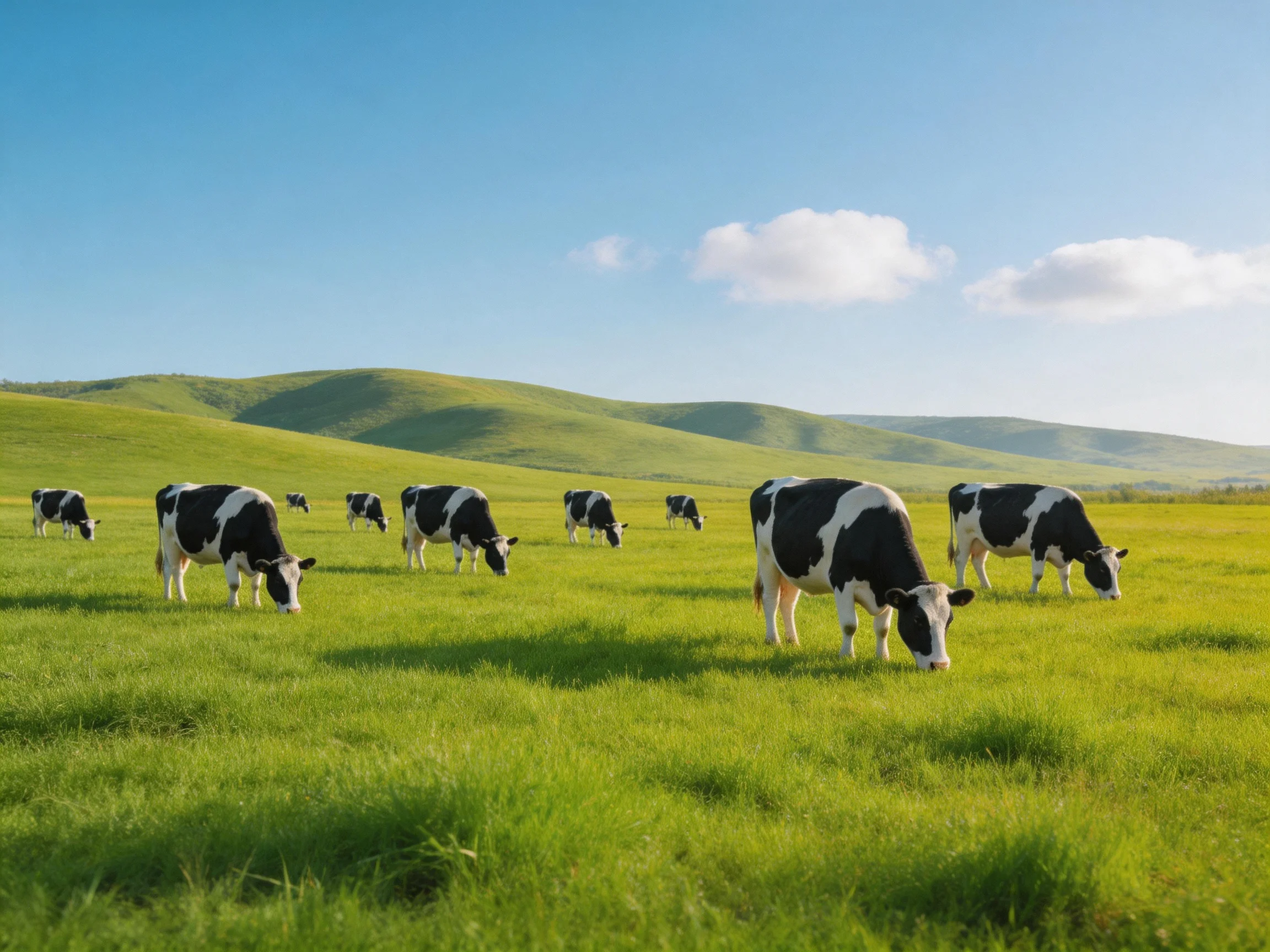 Nine black-and-white cows graze in a vast green meadow with rolling hills