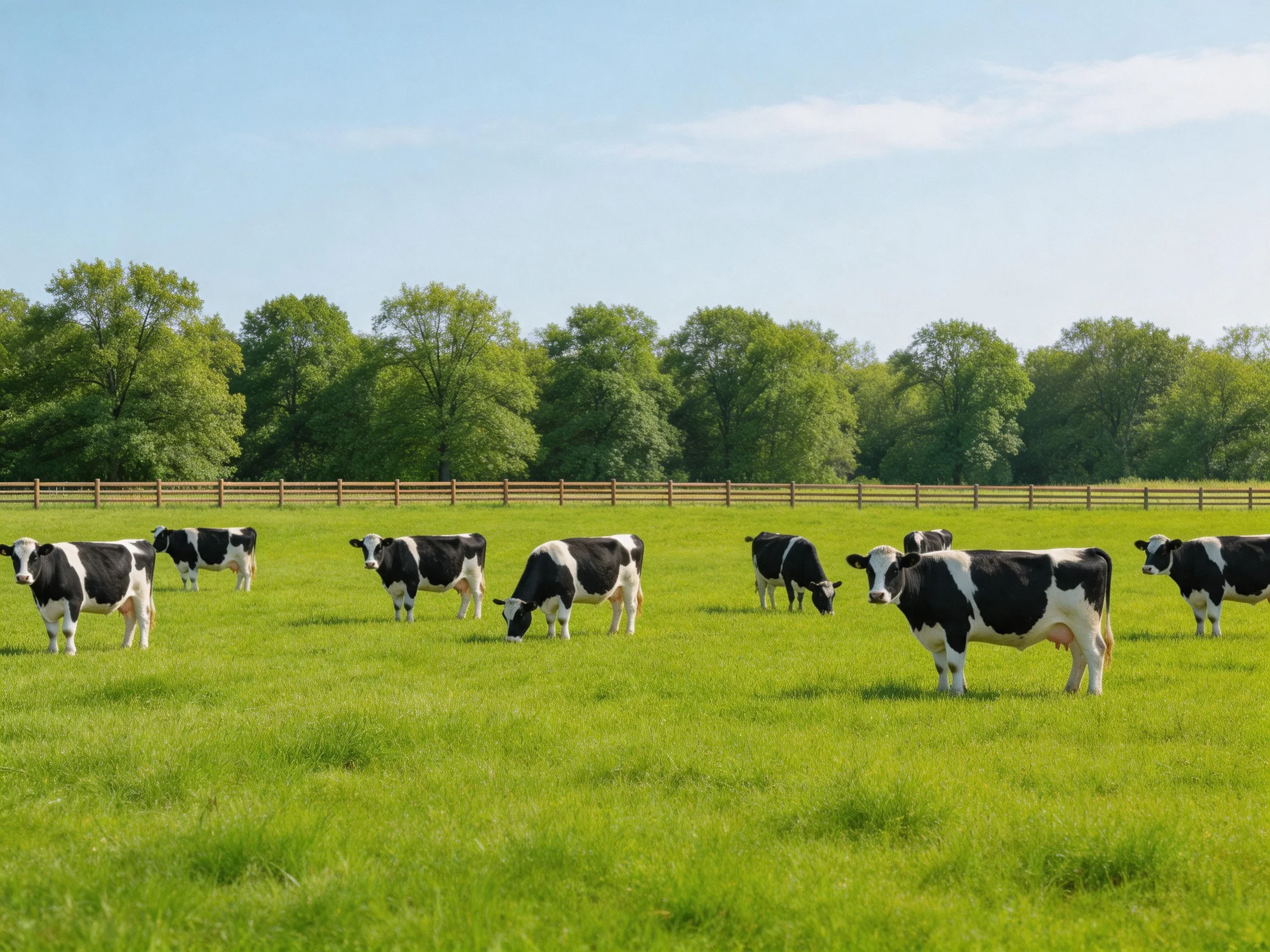 Nine black-and-white cows graze in a verdant pasture with wooden fence and trees