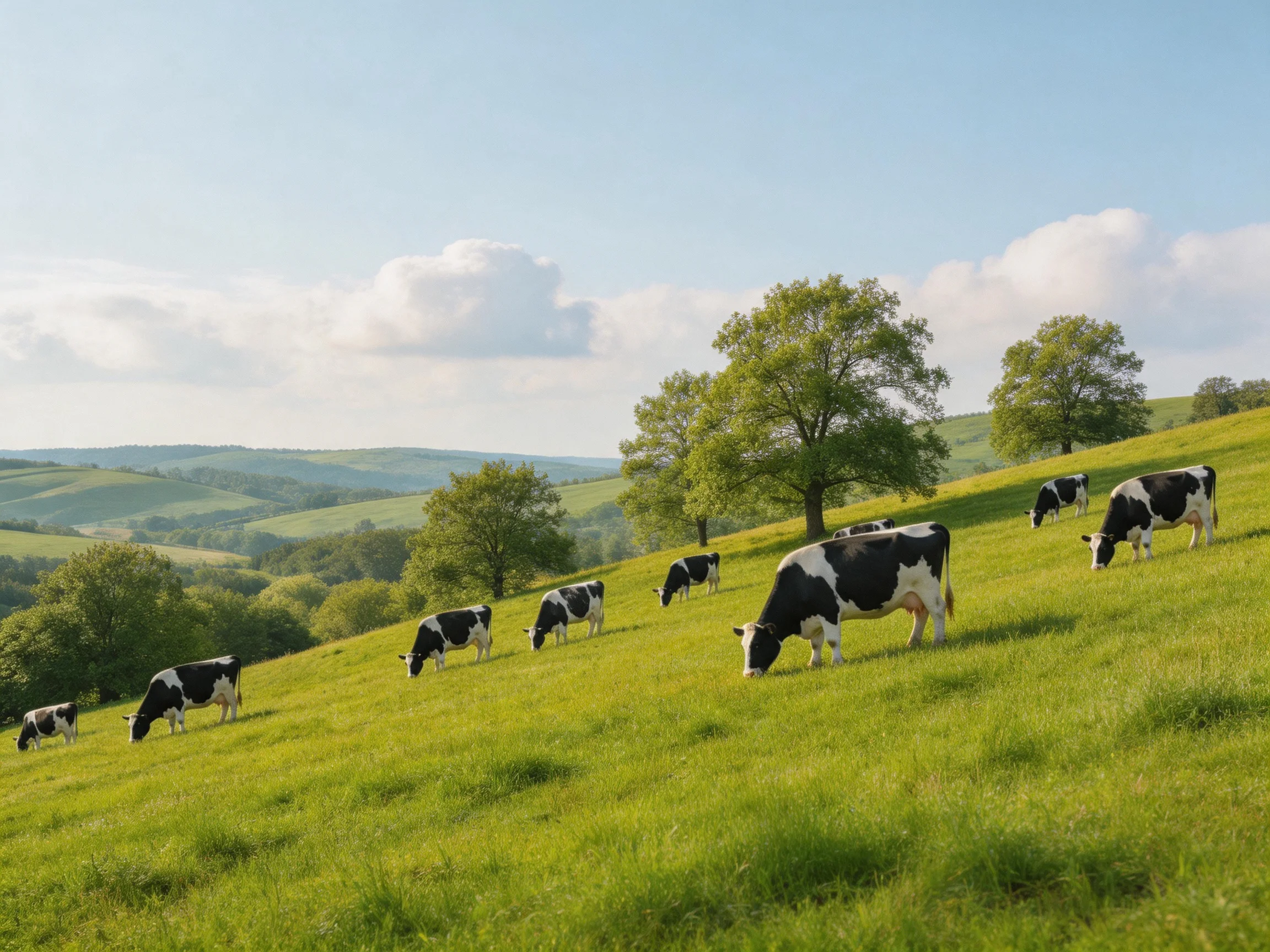 Nine black-and-white cows graze on a lush green hillside with scattered trees
