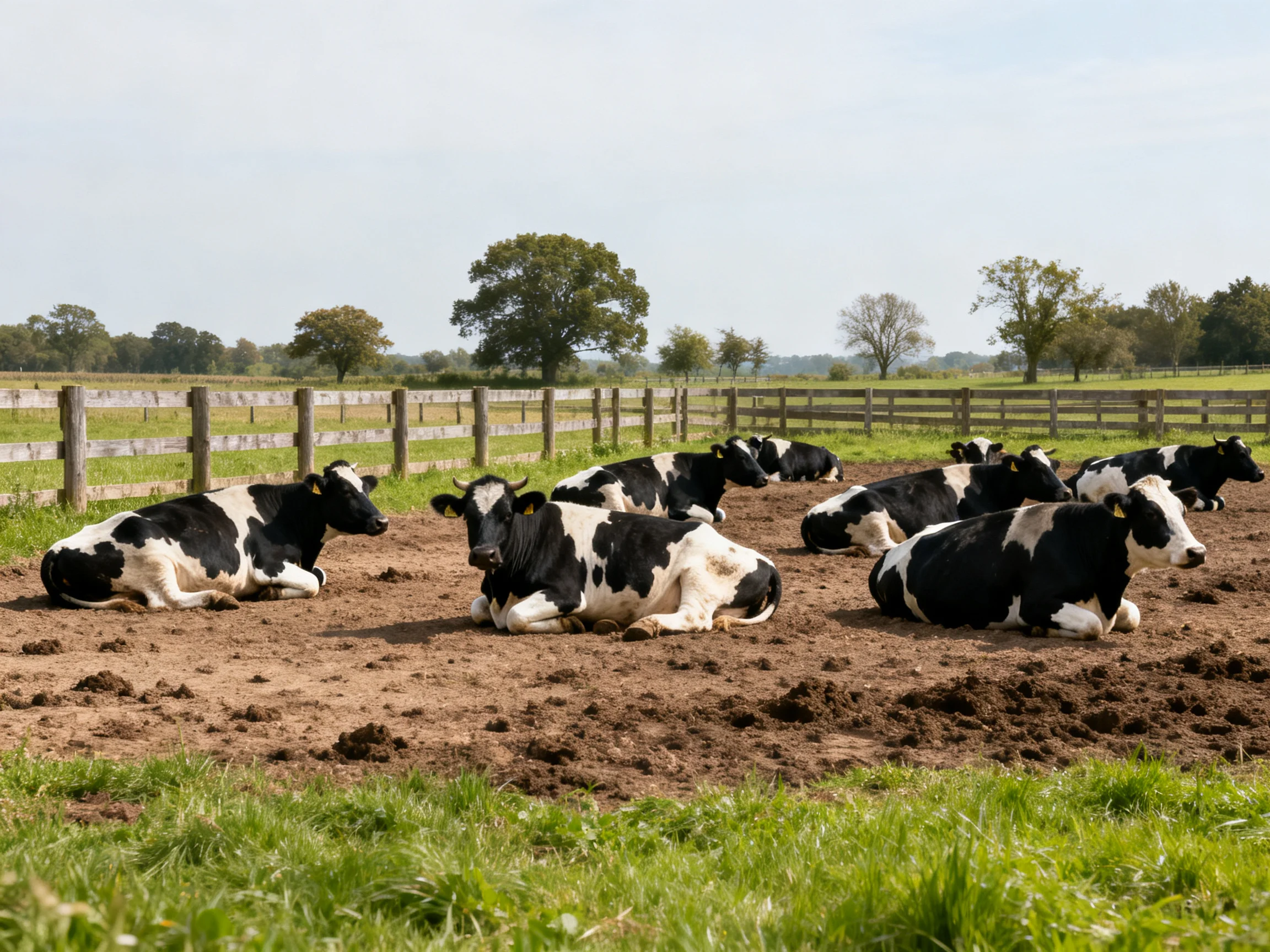 Nine black-and-white cows rest in a fenced farm yard