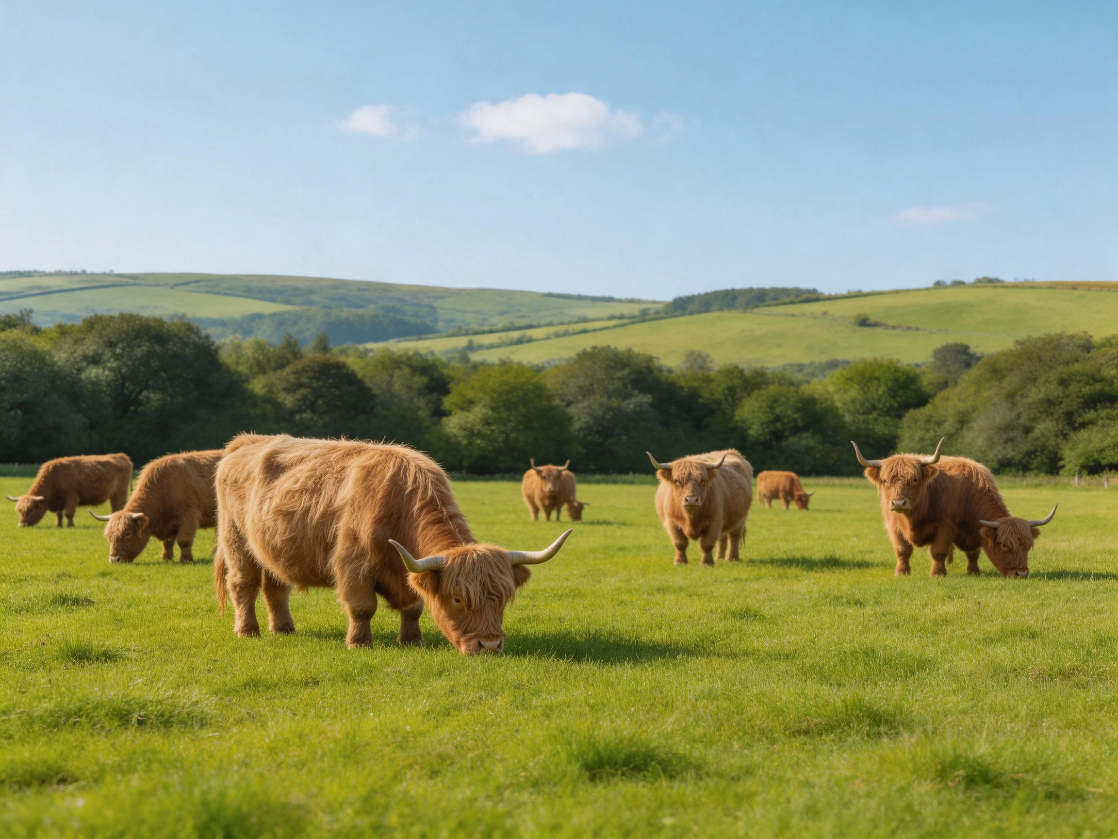 Nine brown Highland cattle graze in a lush green pasture with rolling hills