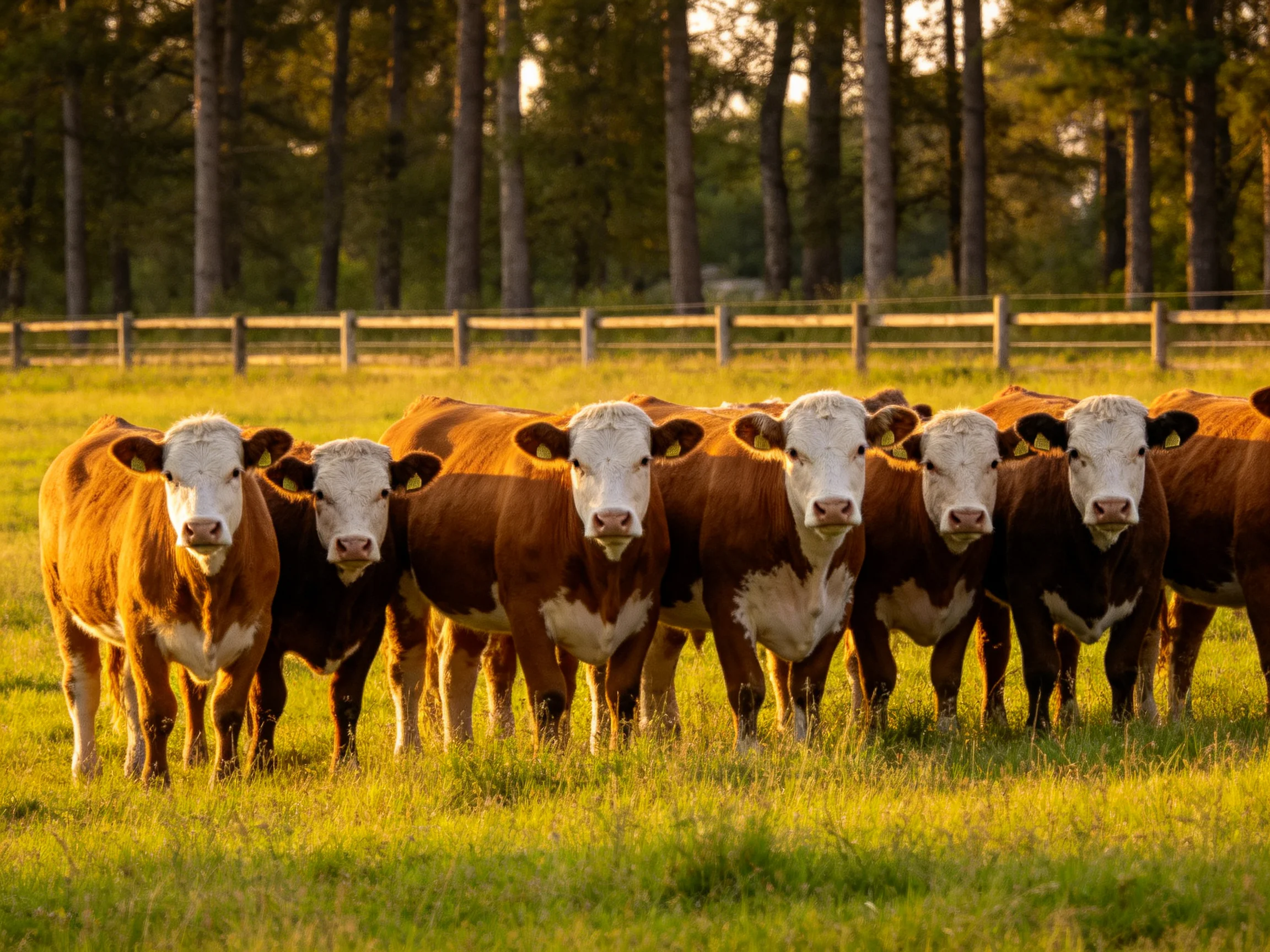 Nine brown-and-white cows gather in a sunlit pasture near tall trees