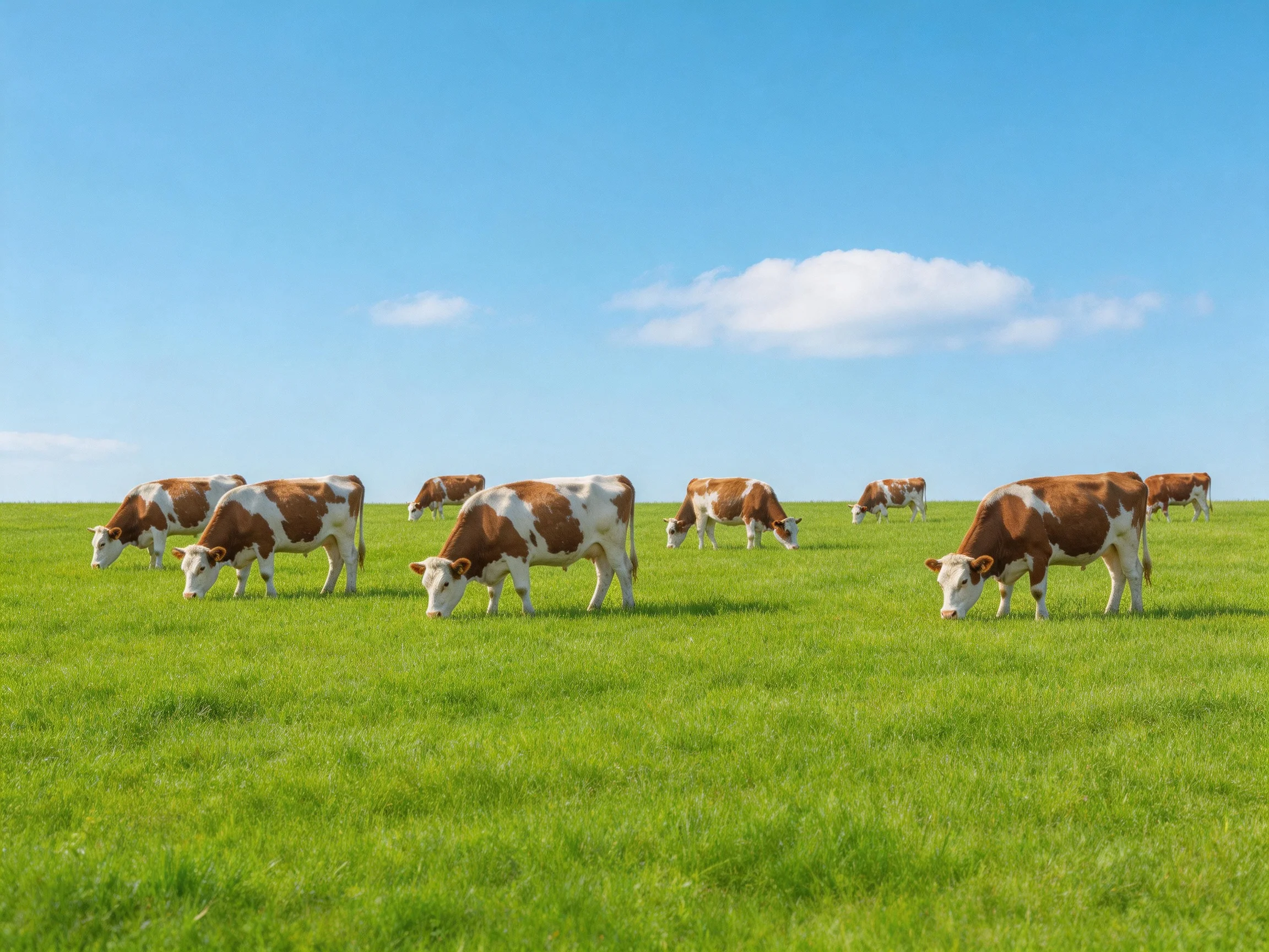 Nine brown-and-white cows graze in a lush green pasture under a clear blue sky