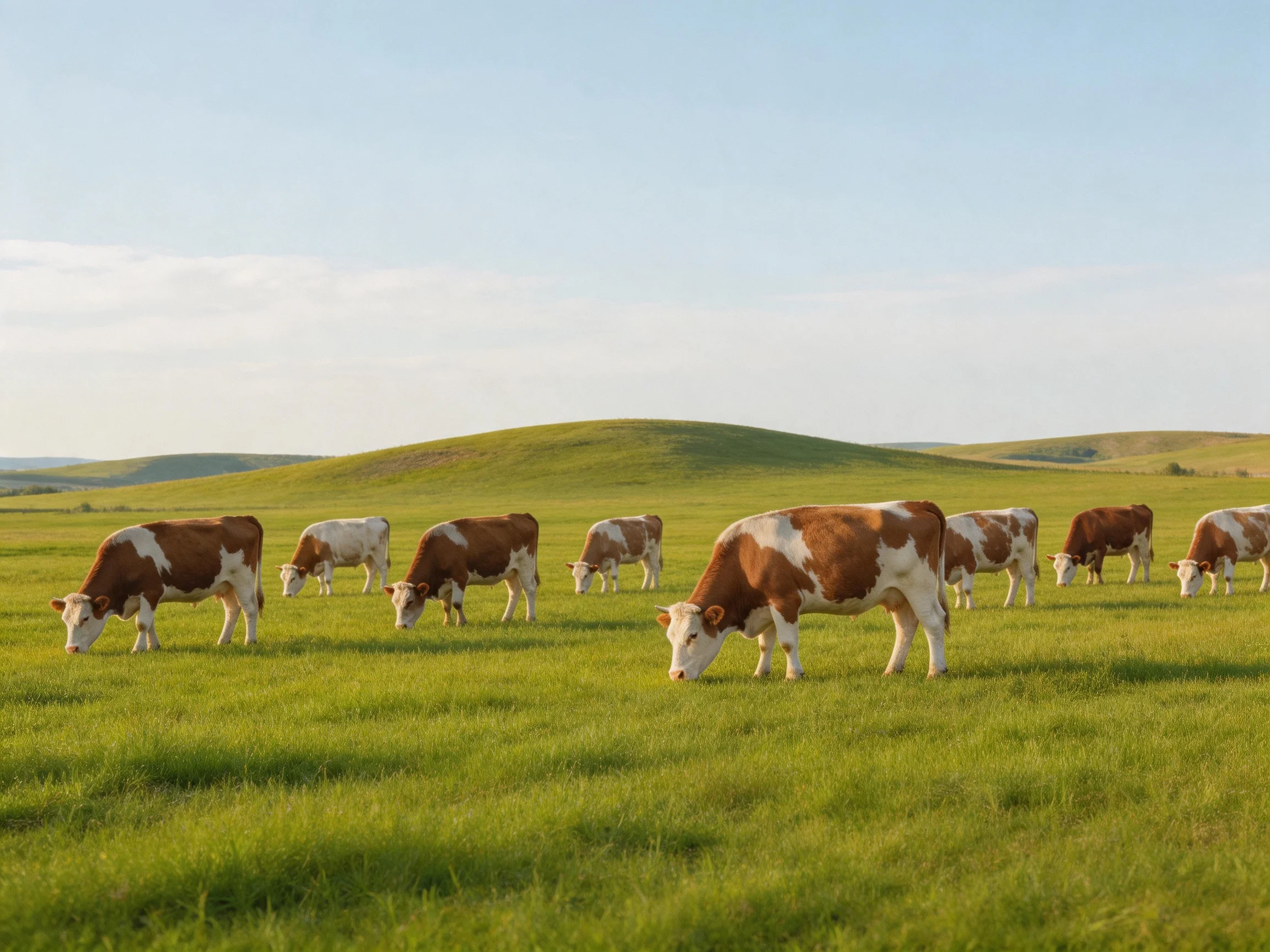 Nine brown-and-white cows graze in a vast green pasture with rolling hills