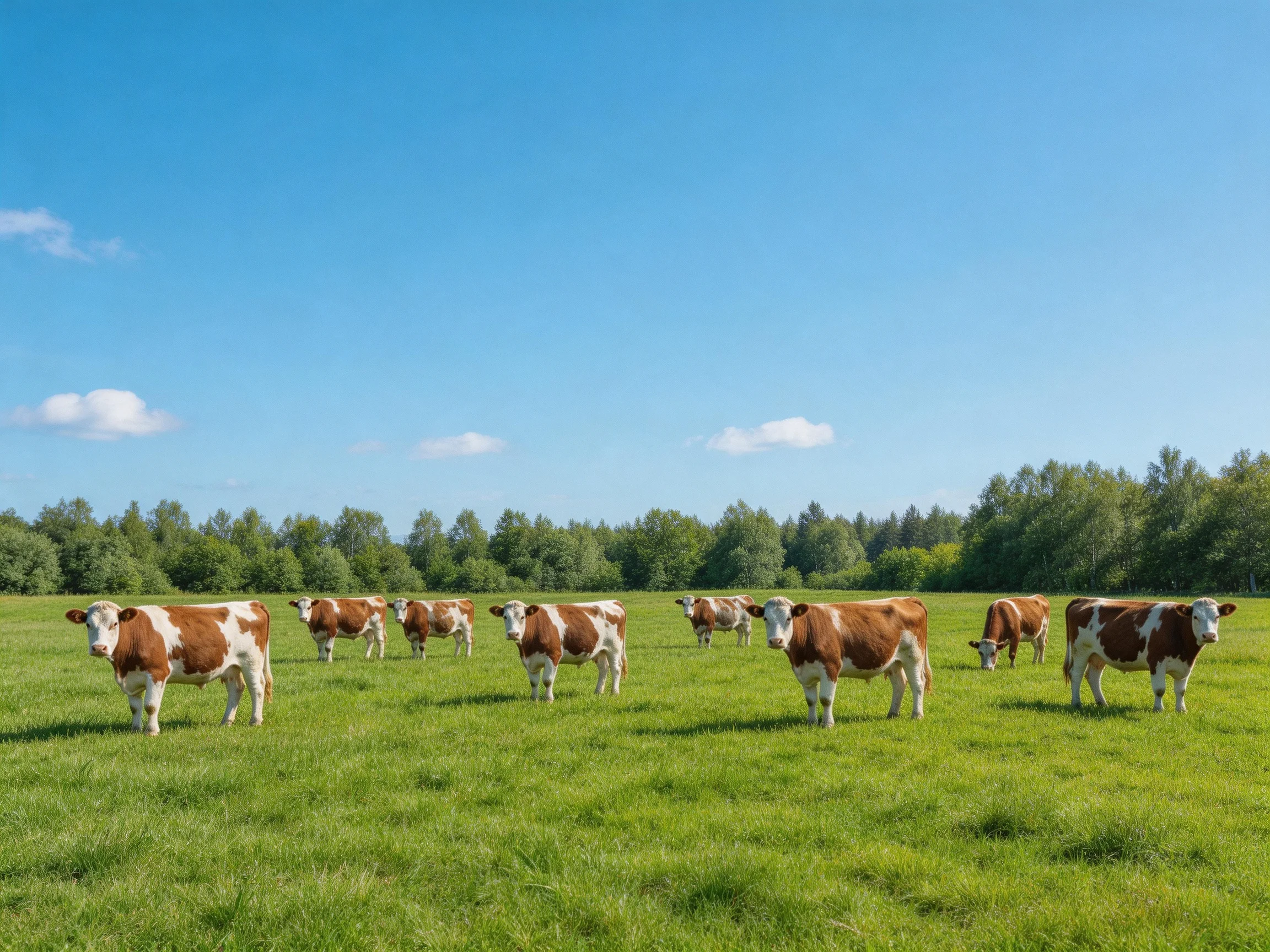Nine brown-and-white cows graze in a verdant pasture under a clear blue sky