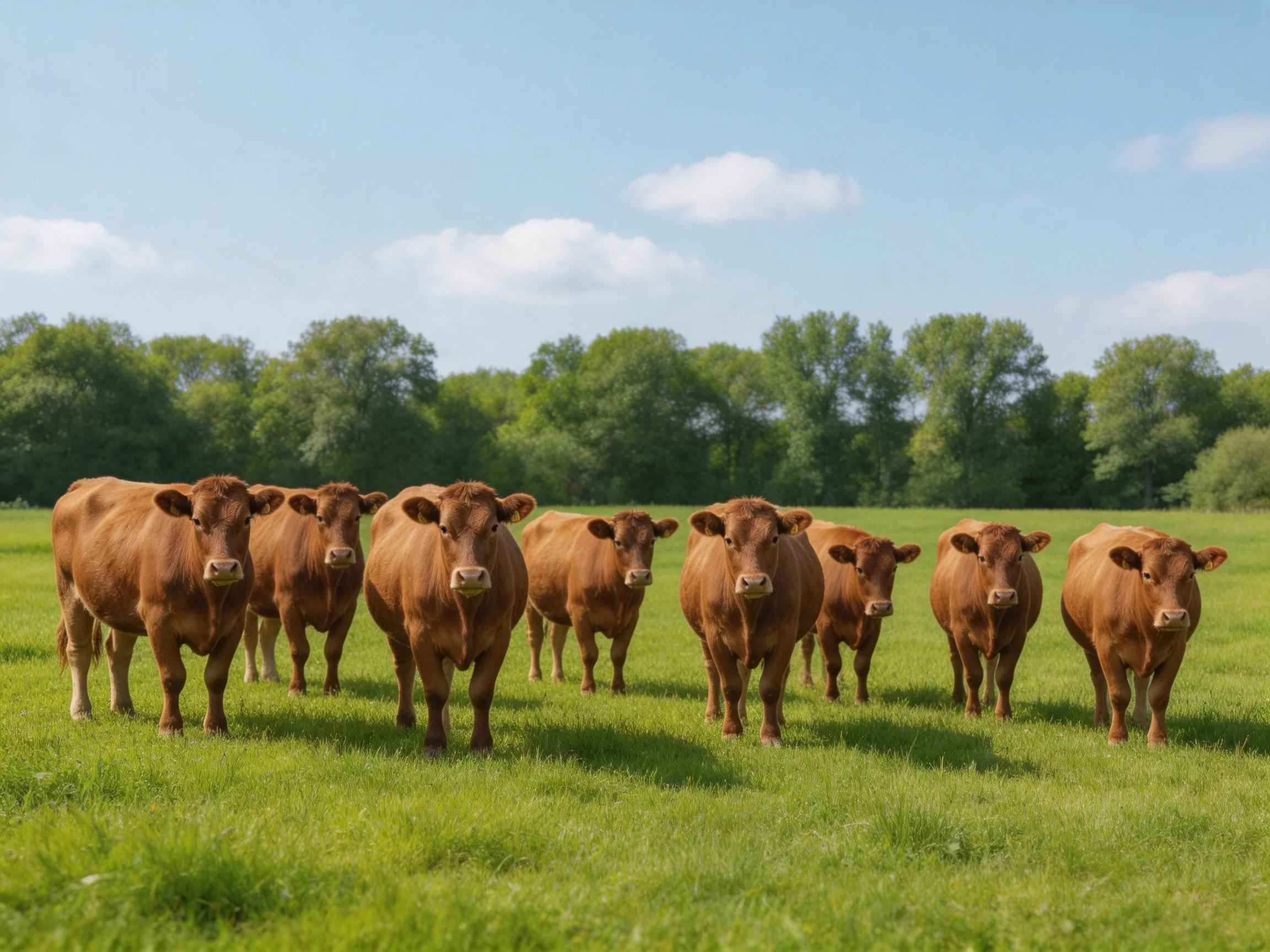 Nine brown cattle graze in a lush green pasture with distant trees