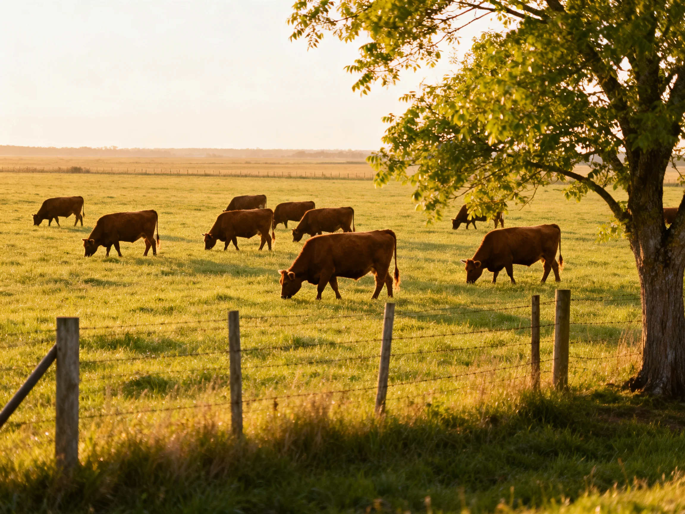 Nine brown cattle graze in a sunlit green pasture near a large tree