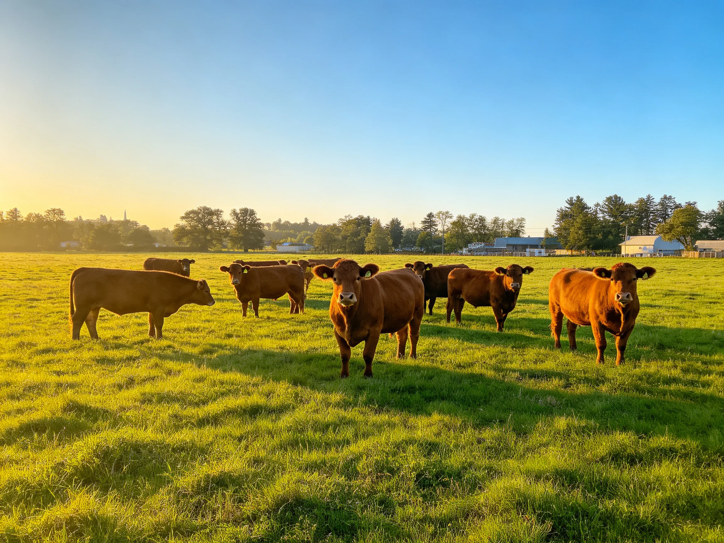 Nine brown cows graze in a sunlit green pasture near farm buildings