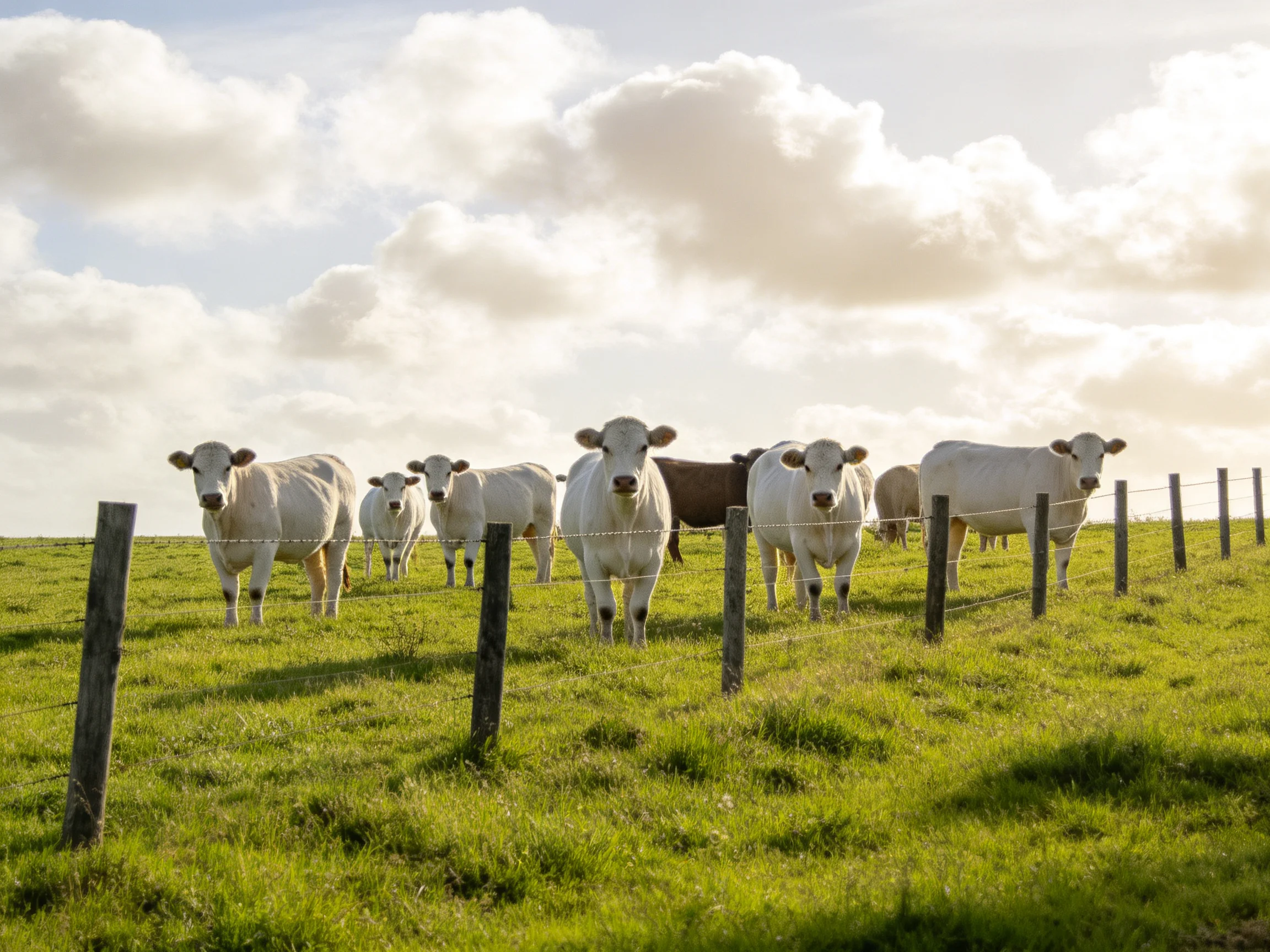 Nine cattle, eight white and one brown, near a wooden fence in a green pasture