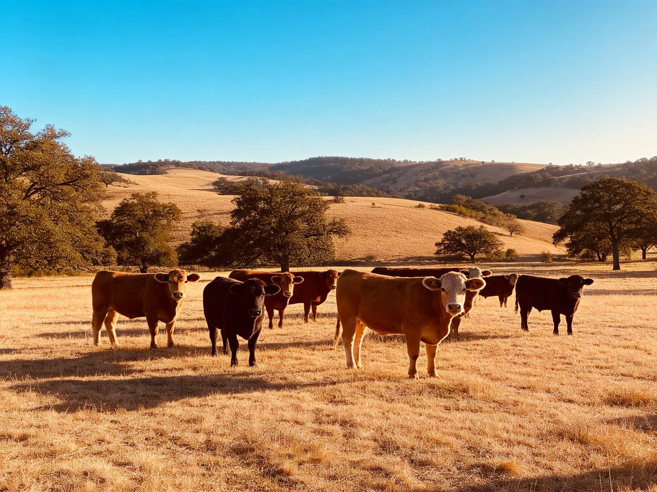 Nine cattle of brown and black graze in a golden pasture with rolling hills