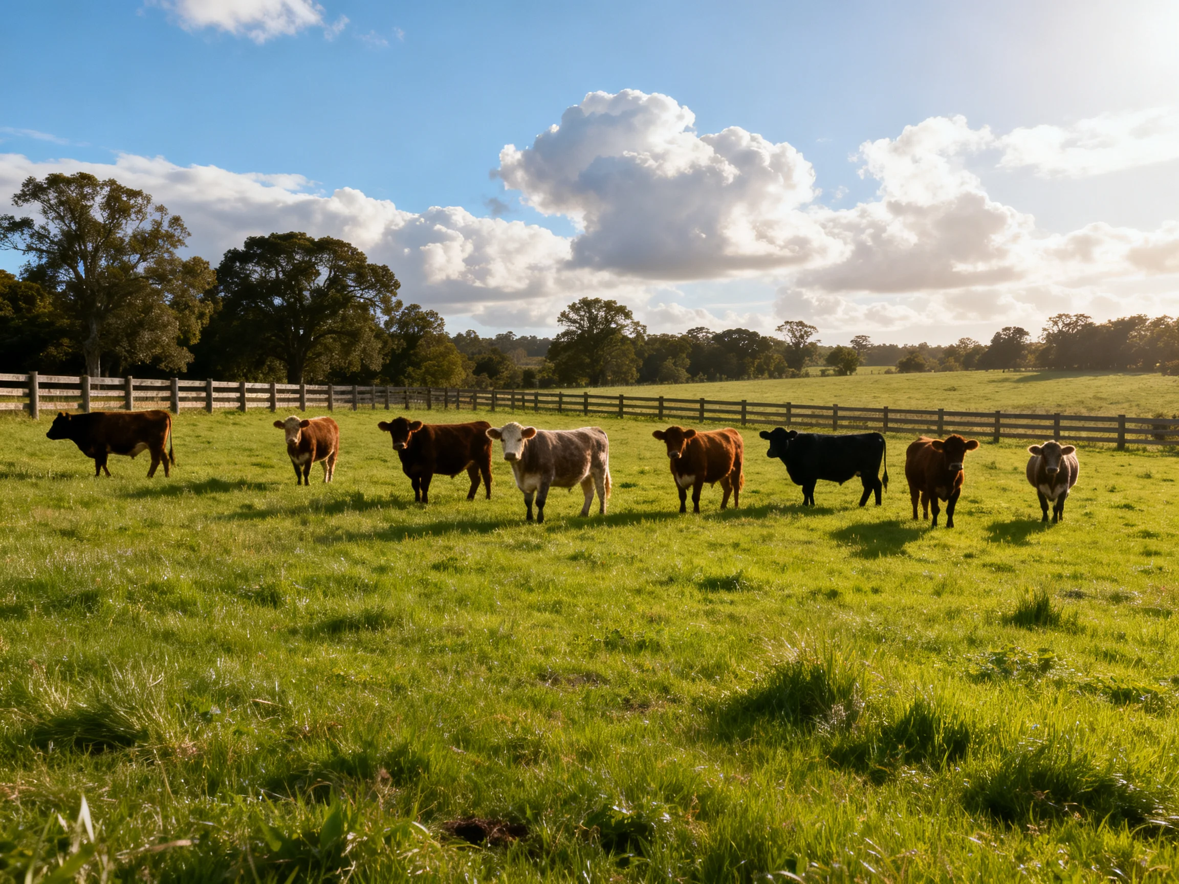 Nine cattle of diverse colors graze in a sunlit green pasture