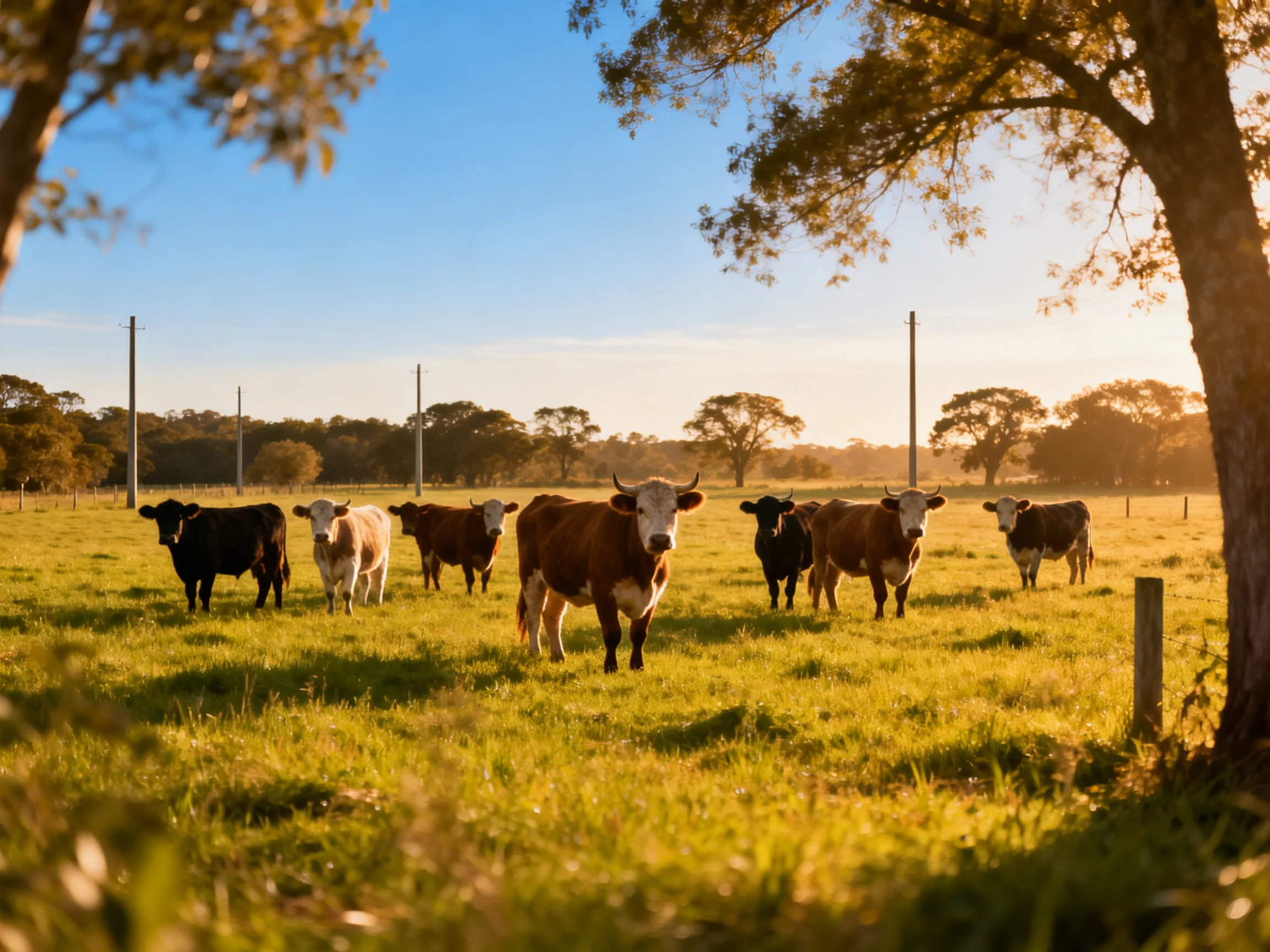 Nine cattle of mixed colors graze in a sunlit green pasture
