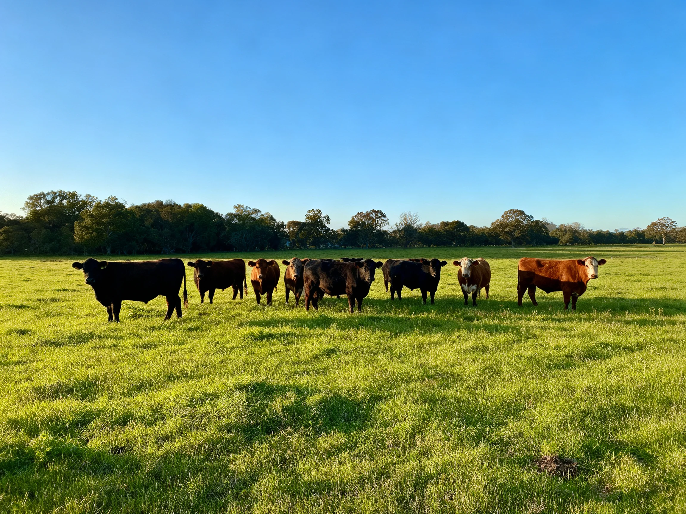 Nine cattle with assorted colors graze in a lush green pasture