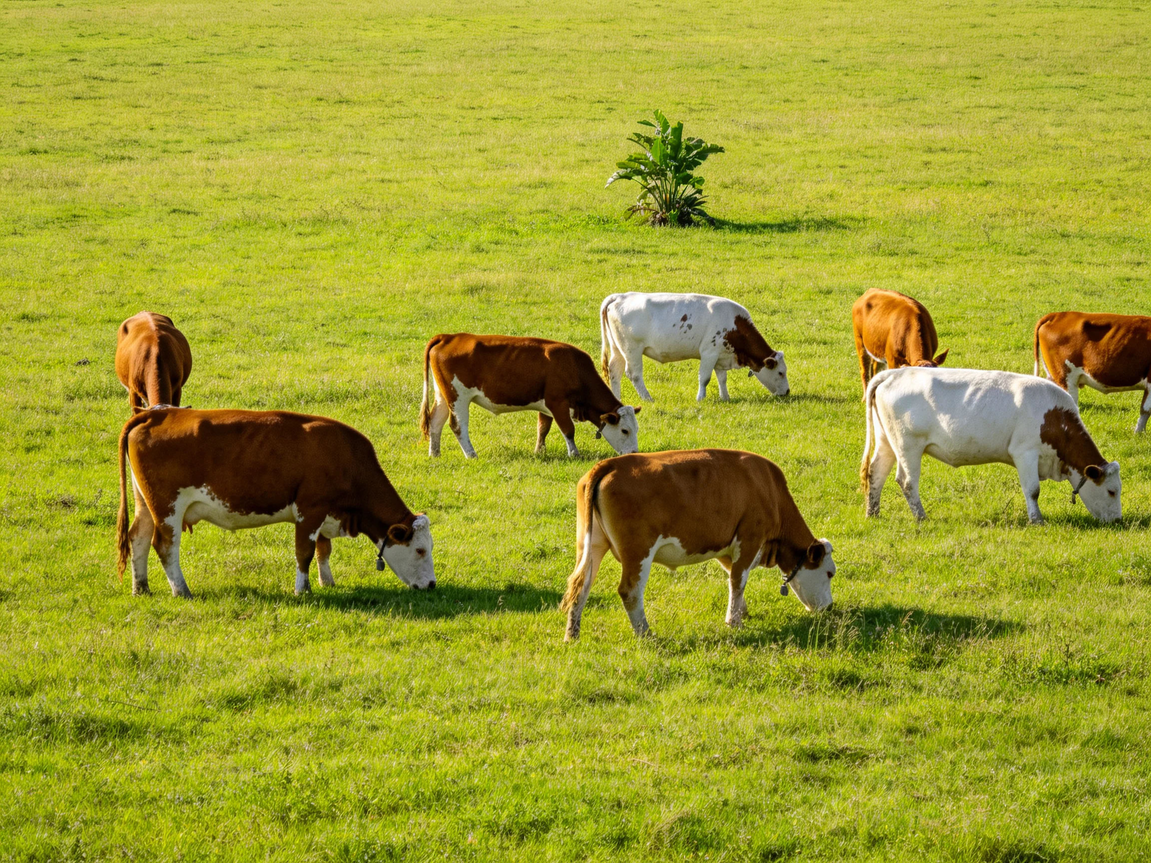 Nine cows graze in a lush green pasture with brown and white coats