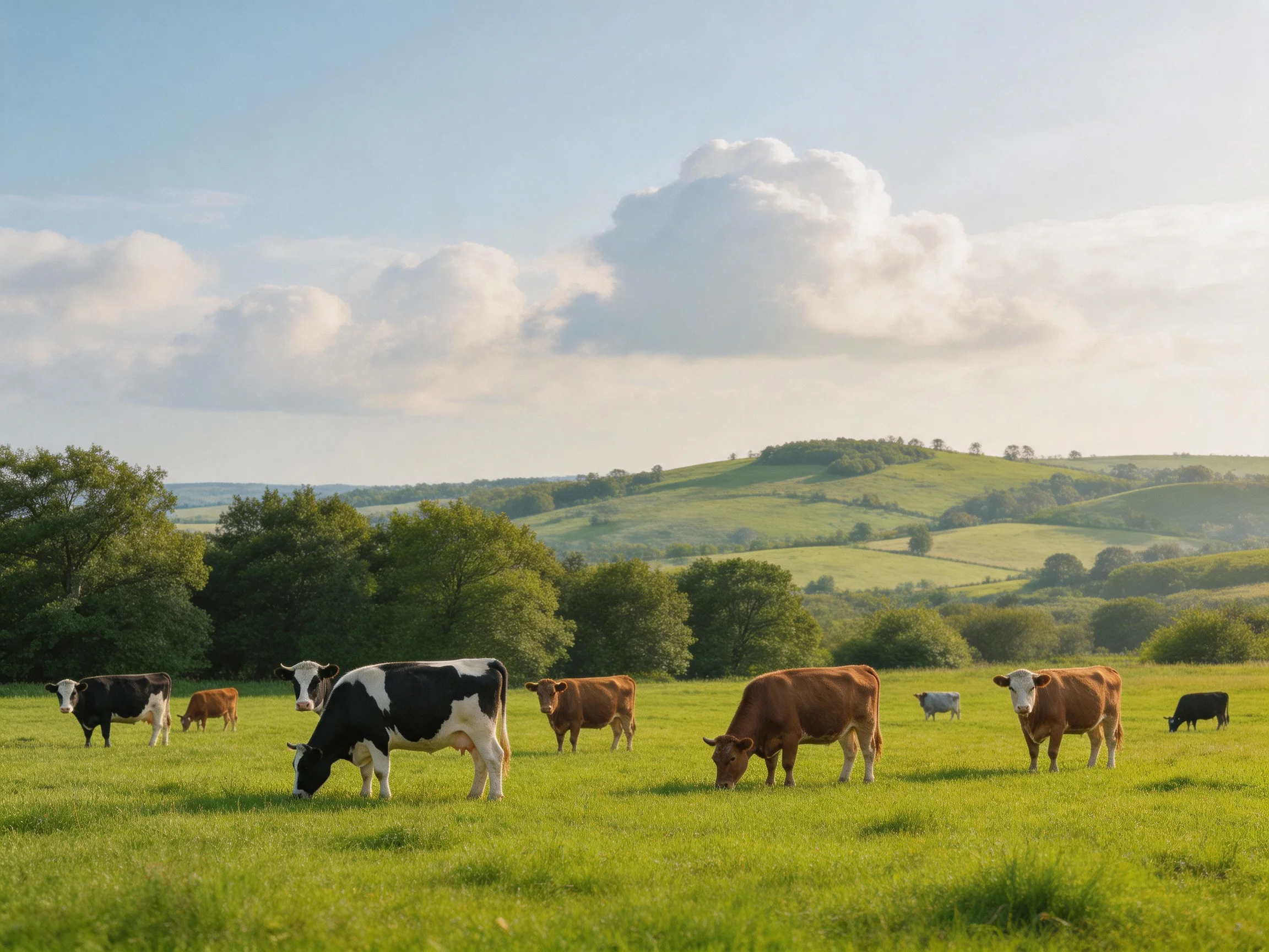 Nine cows graze in a lush green pasture with rolling hills and trees.