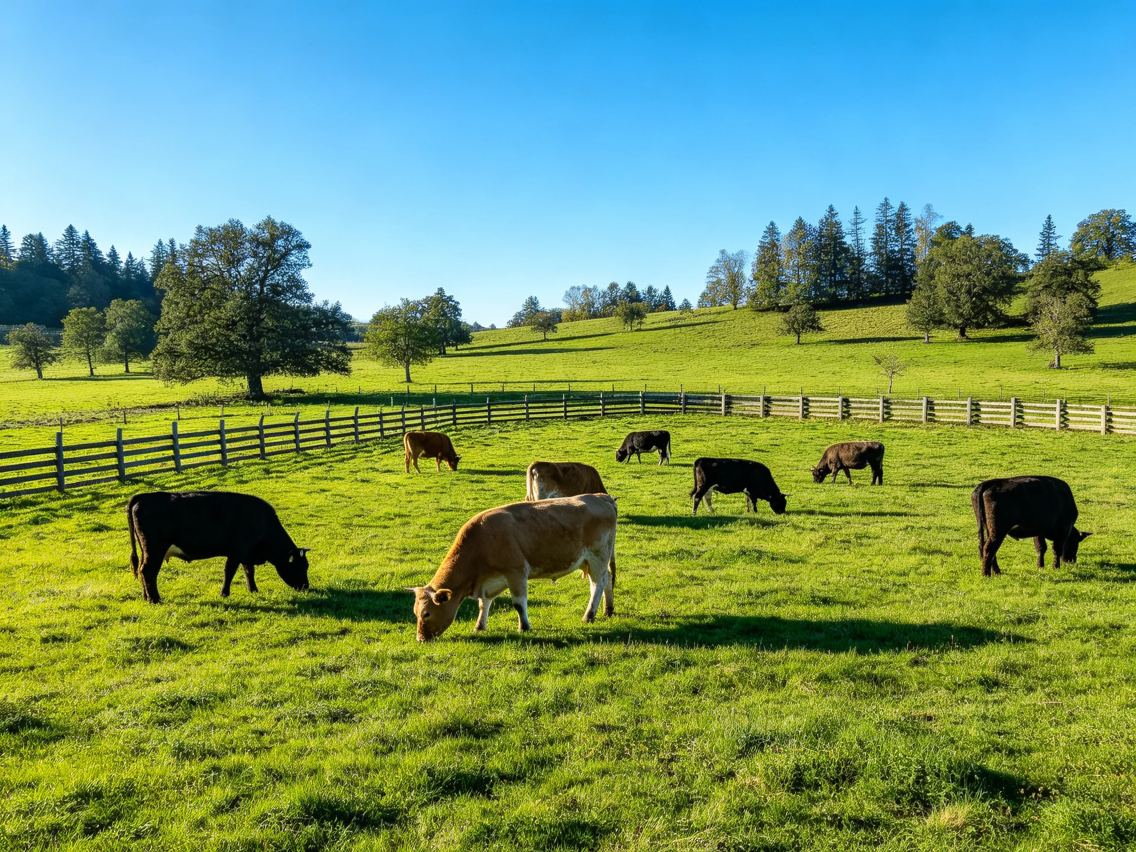 Nine cows graze in a lush green pasture with wooden fences