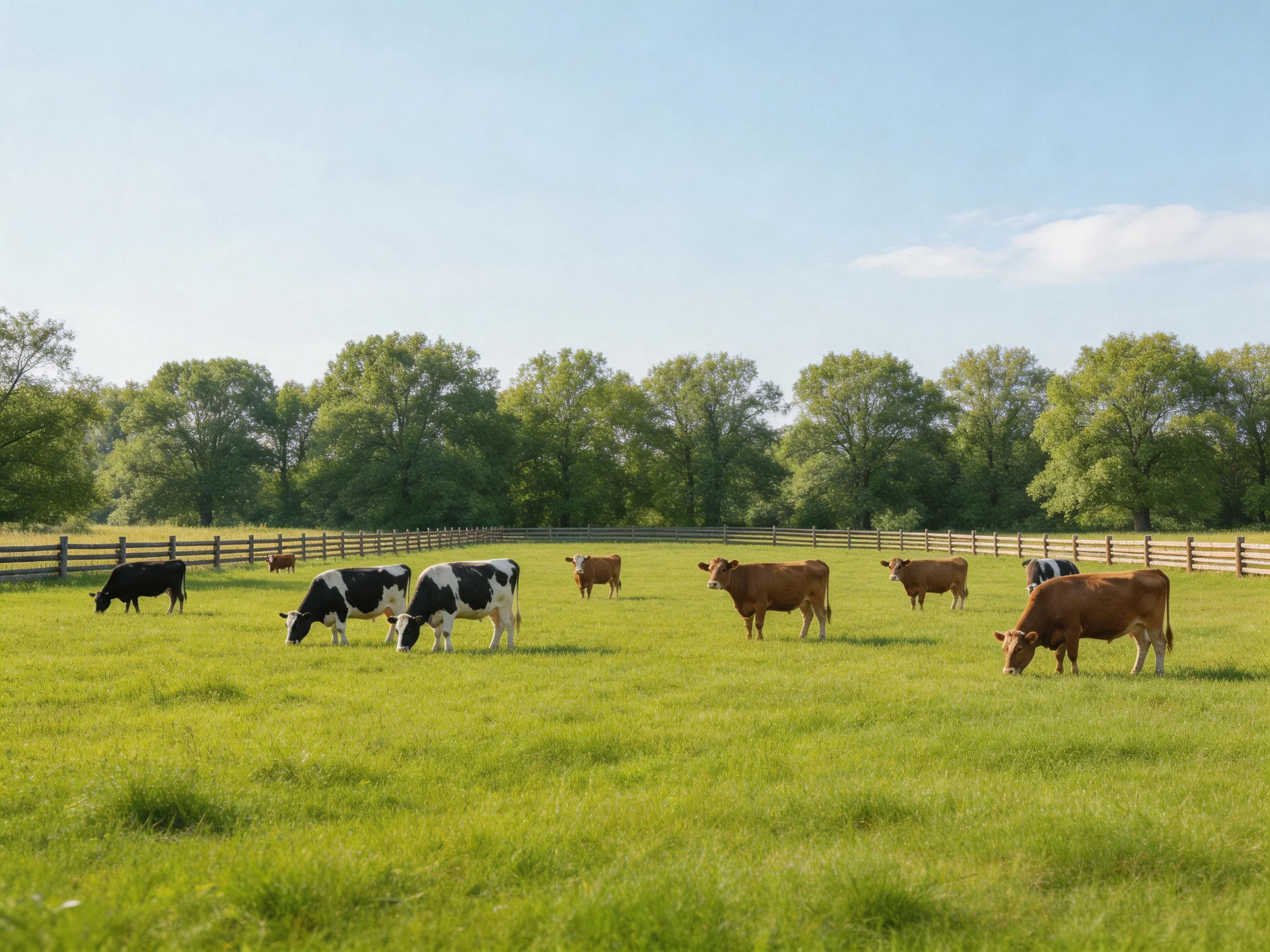 Nine cows graze in a lush green pasture with wooden fences.