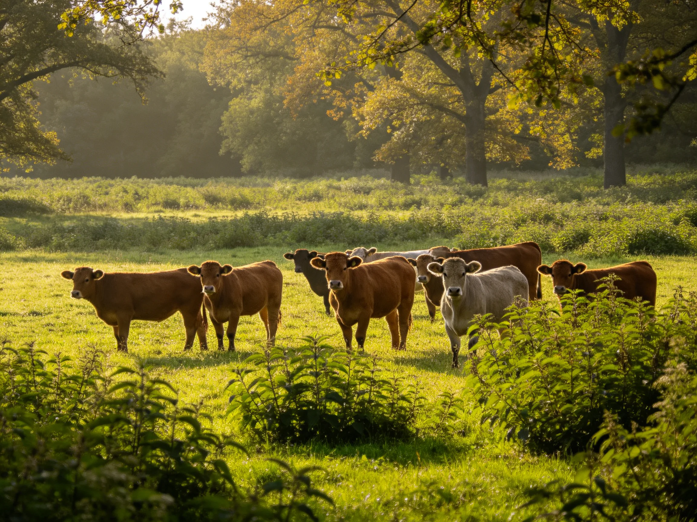 Nine cows graze in a sun-dappled green pasture with tall trees