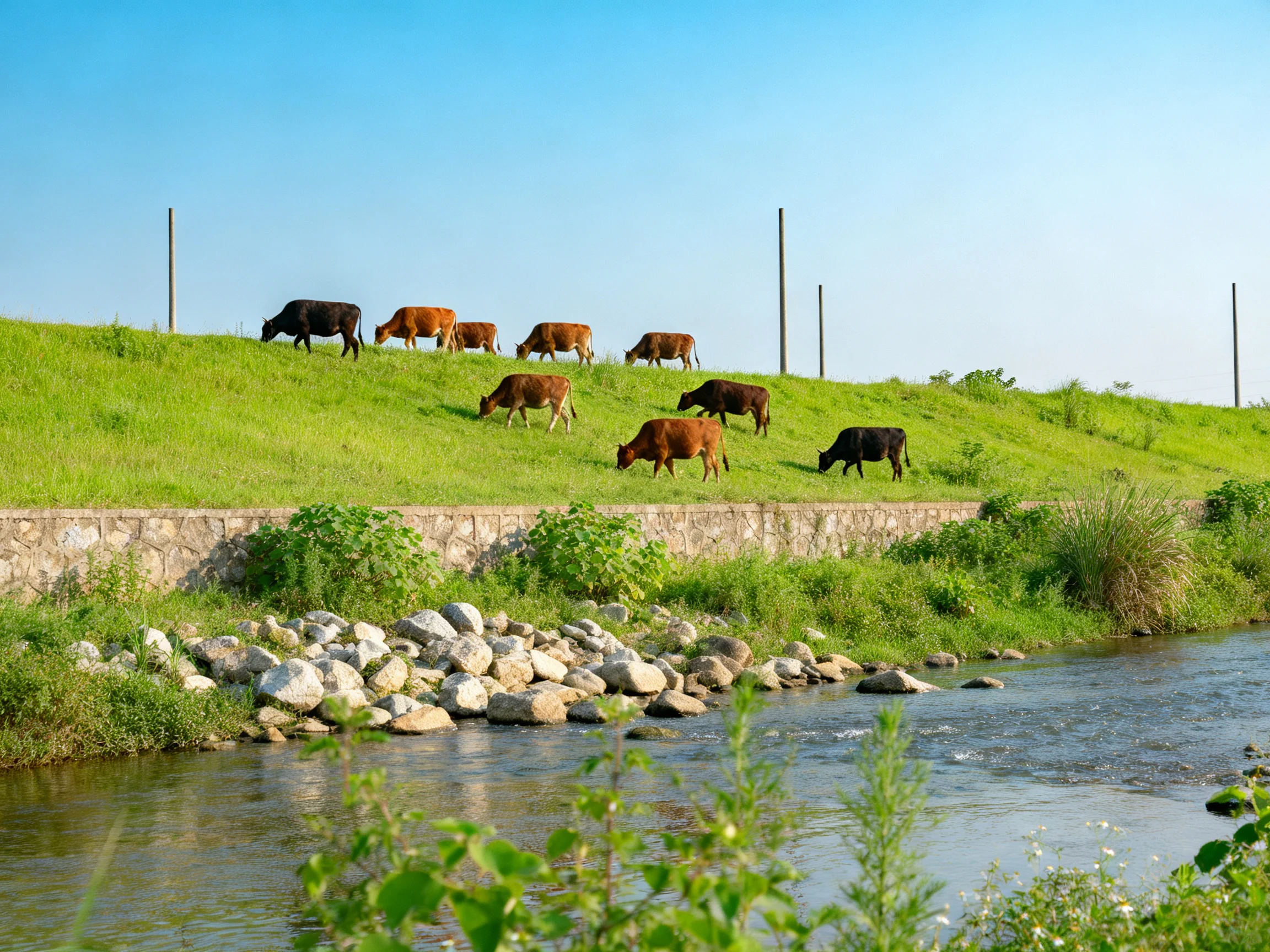 Nine cows graze on a lush green hillside near a rocky stream