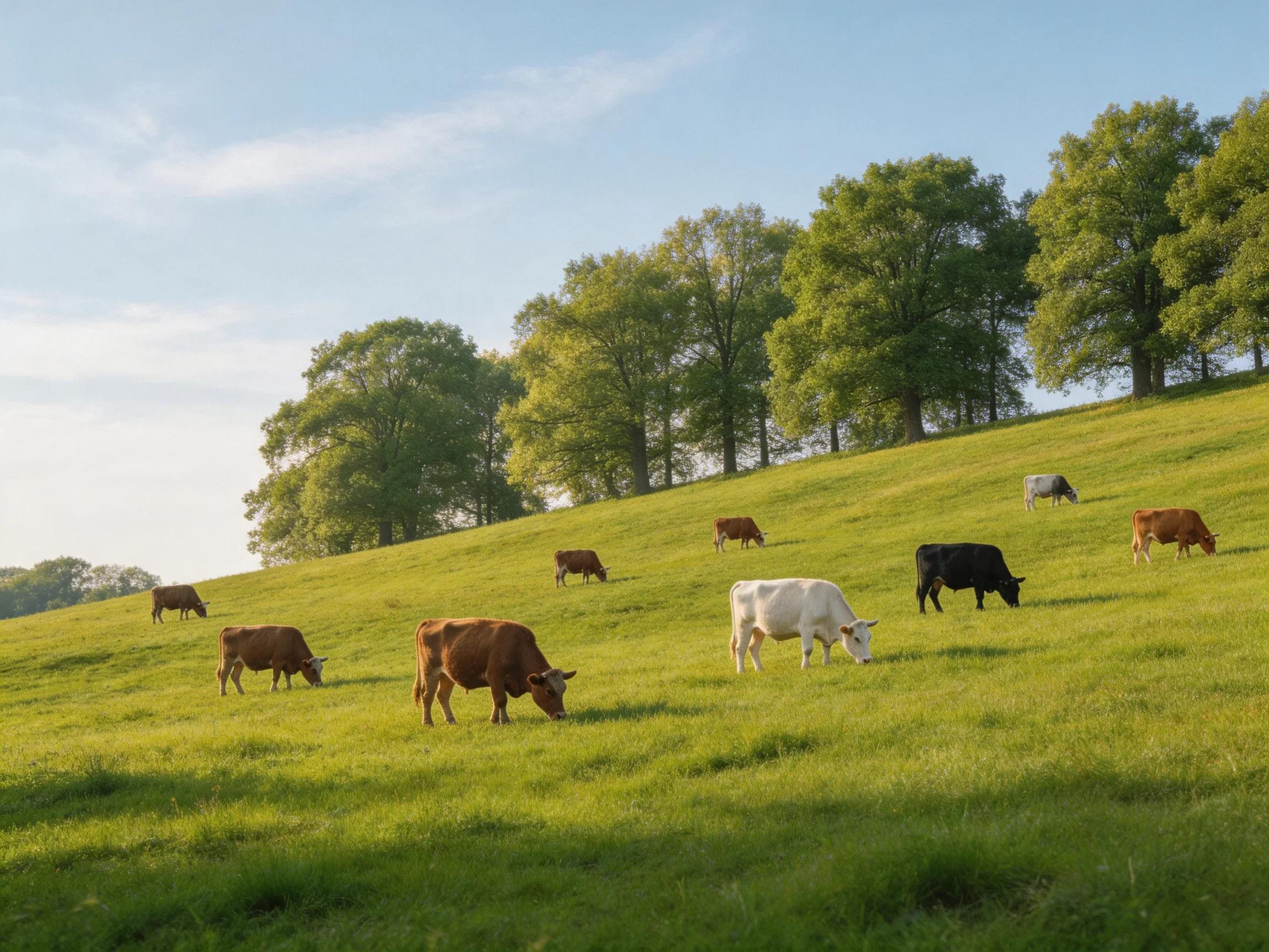Nine cows graze on a lush green hillside with tall leafy trees