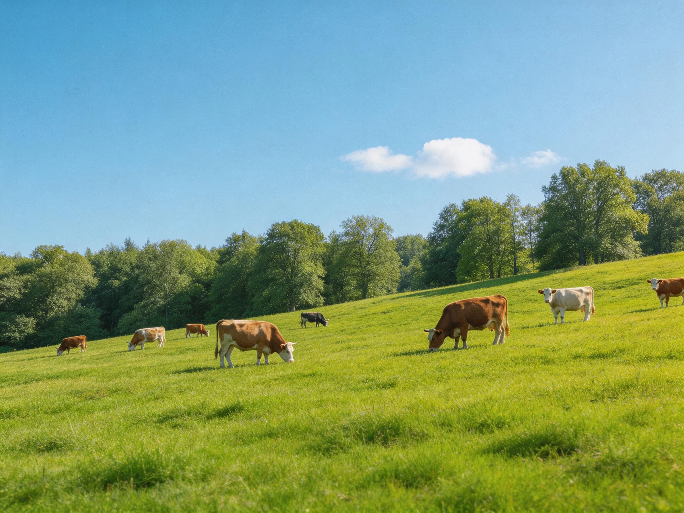 Nine cows graze on a lush green pasture with forest backdrop