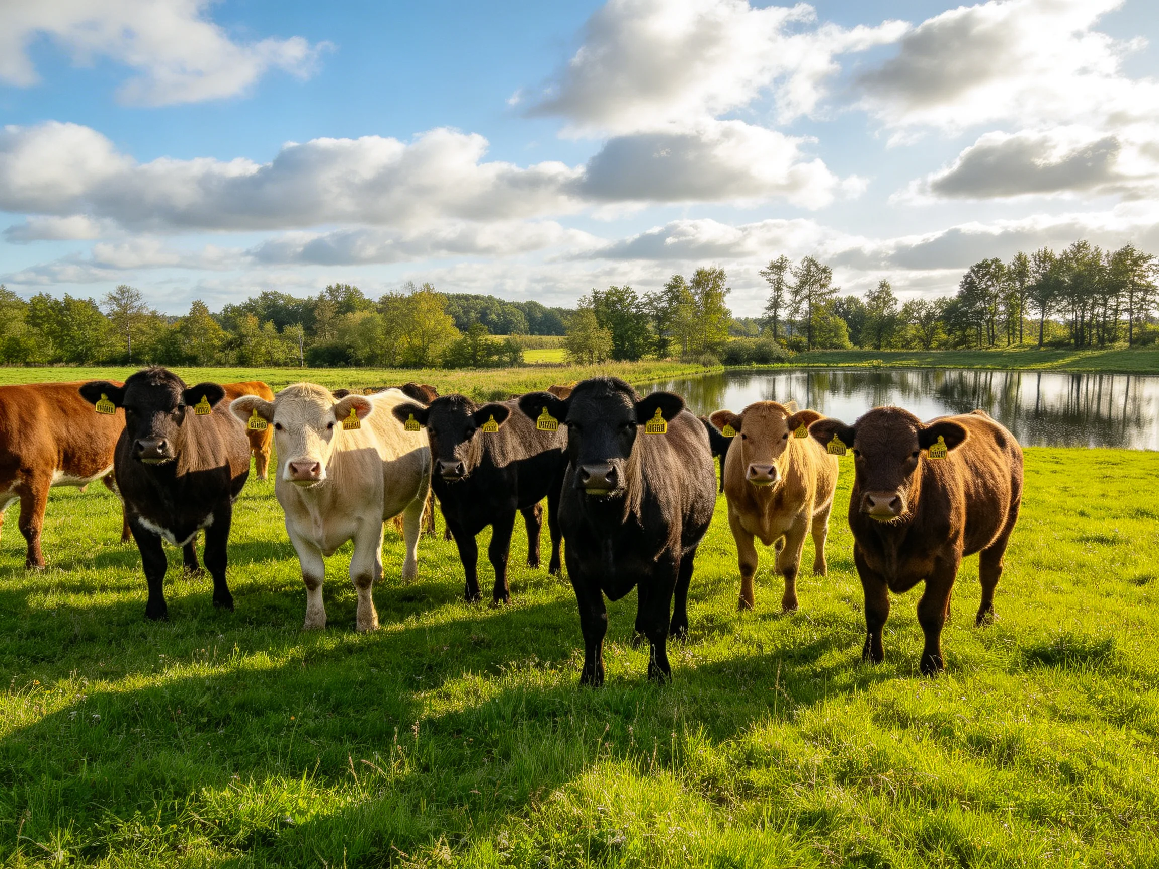 Nine cows of assorted colors gather in a sunlit pasture by a calm lake.