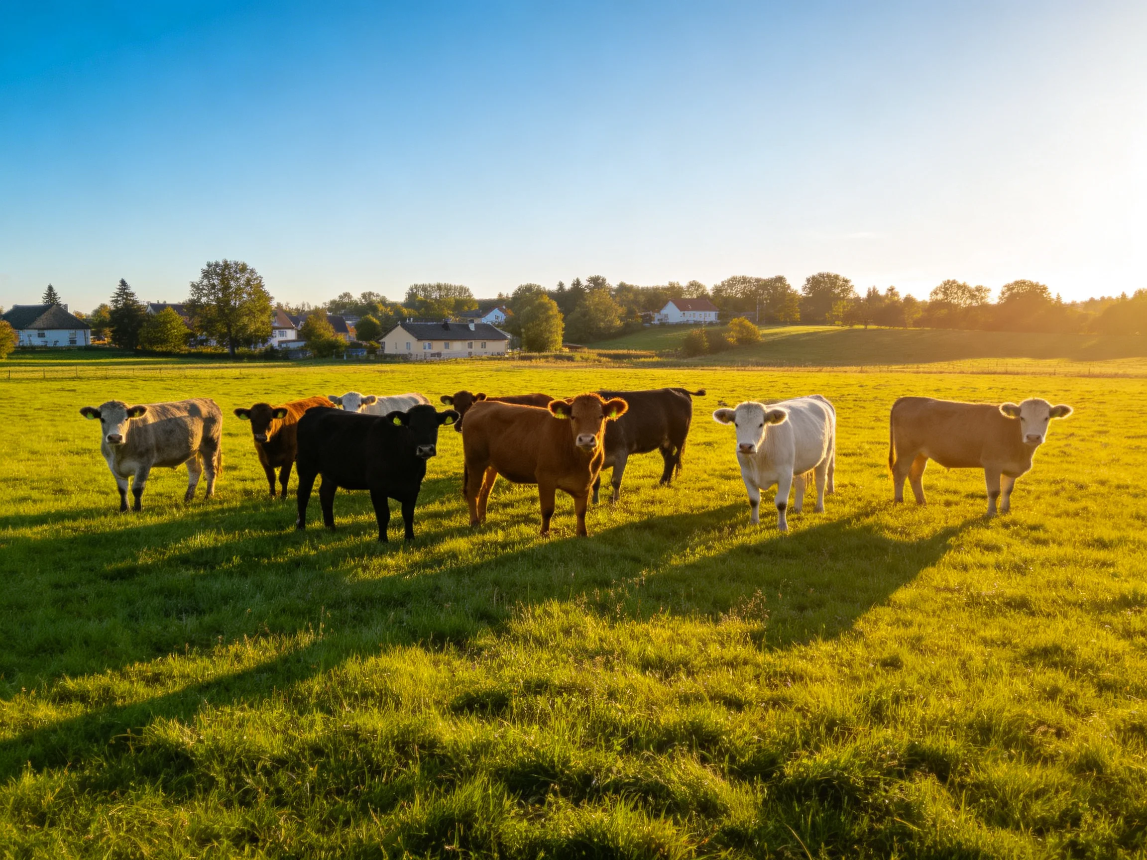 Nine cows of diverse colors gather in a sunlit green pasture