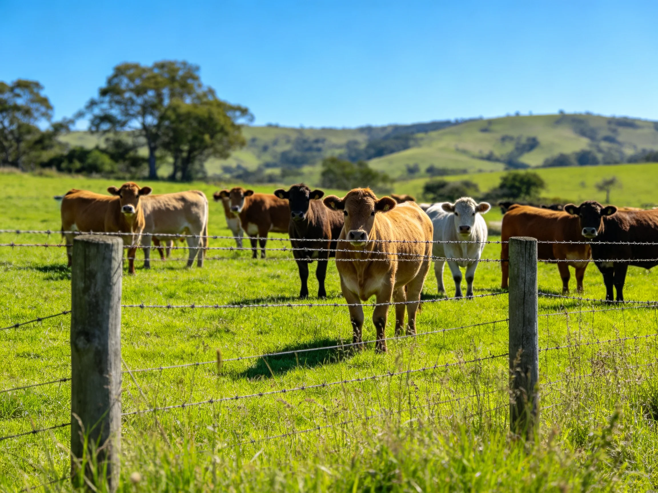 Nine cows of diverse hues graze in a verdant pasture near barbed wire