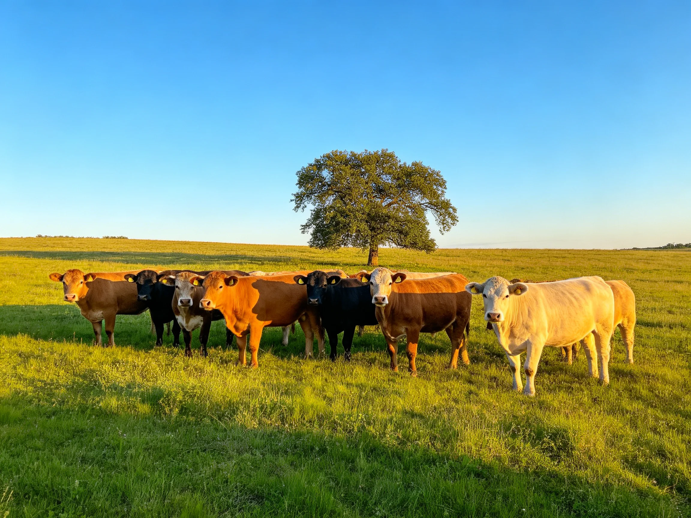 Nine cows of mixed colors gather near a single tree in a green pasture