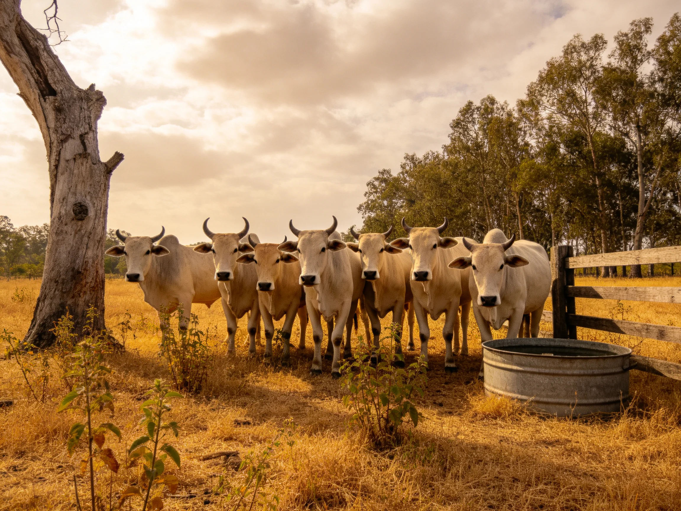 Nine light - colored horned cattle gather in a golden field by an ancient tree