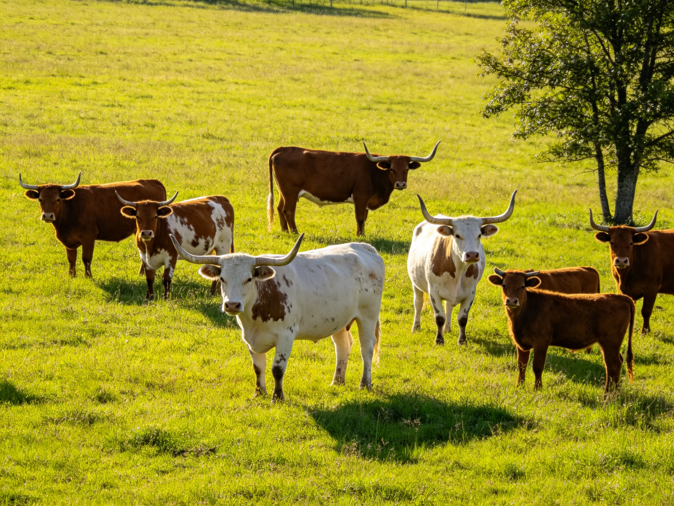 Nine longhorn cattle graze in a sunlit green pasture