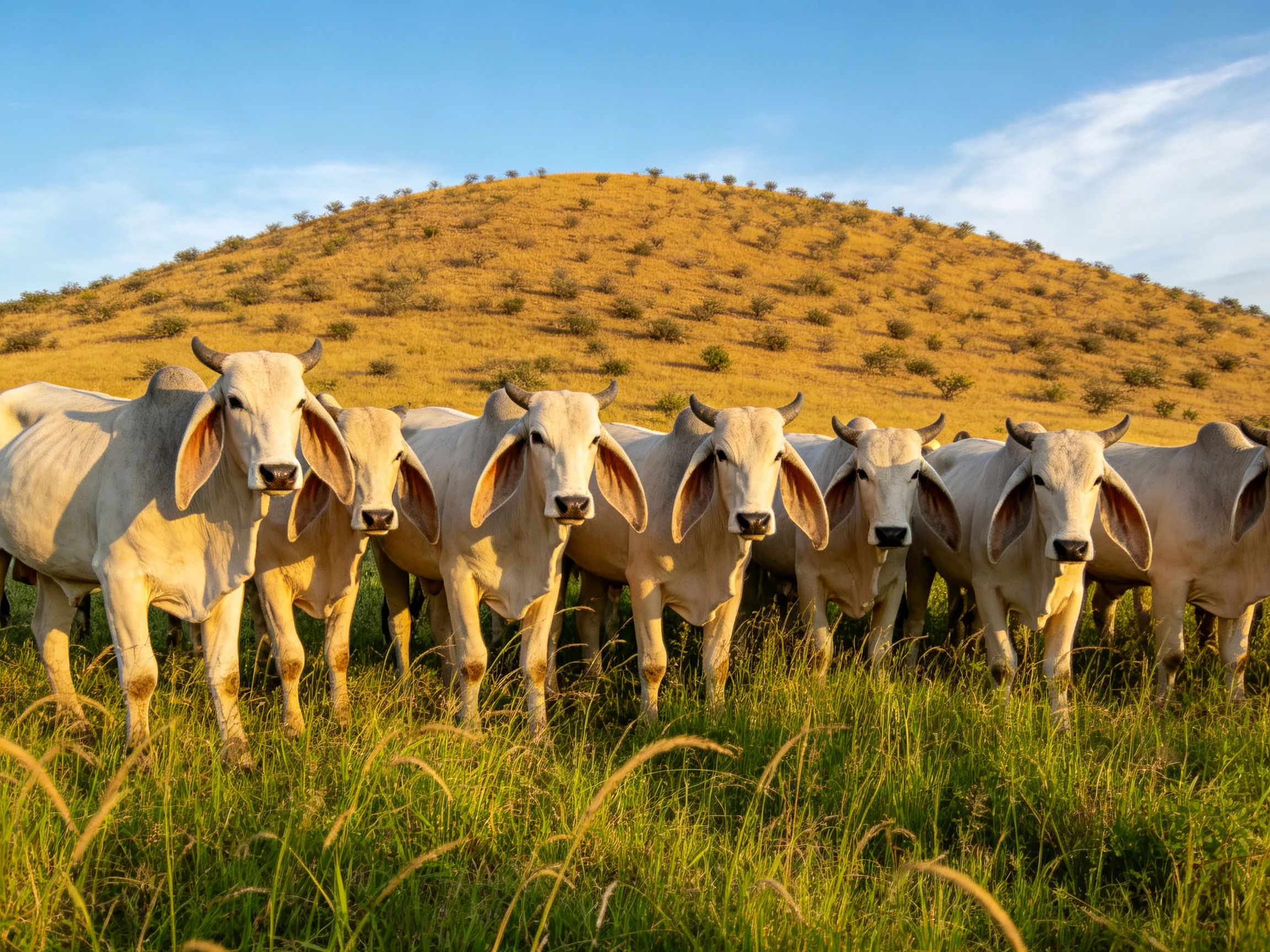 Nine white cattle gather near a golden hillside with lush green grass