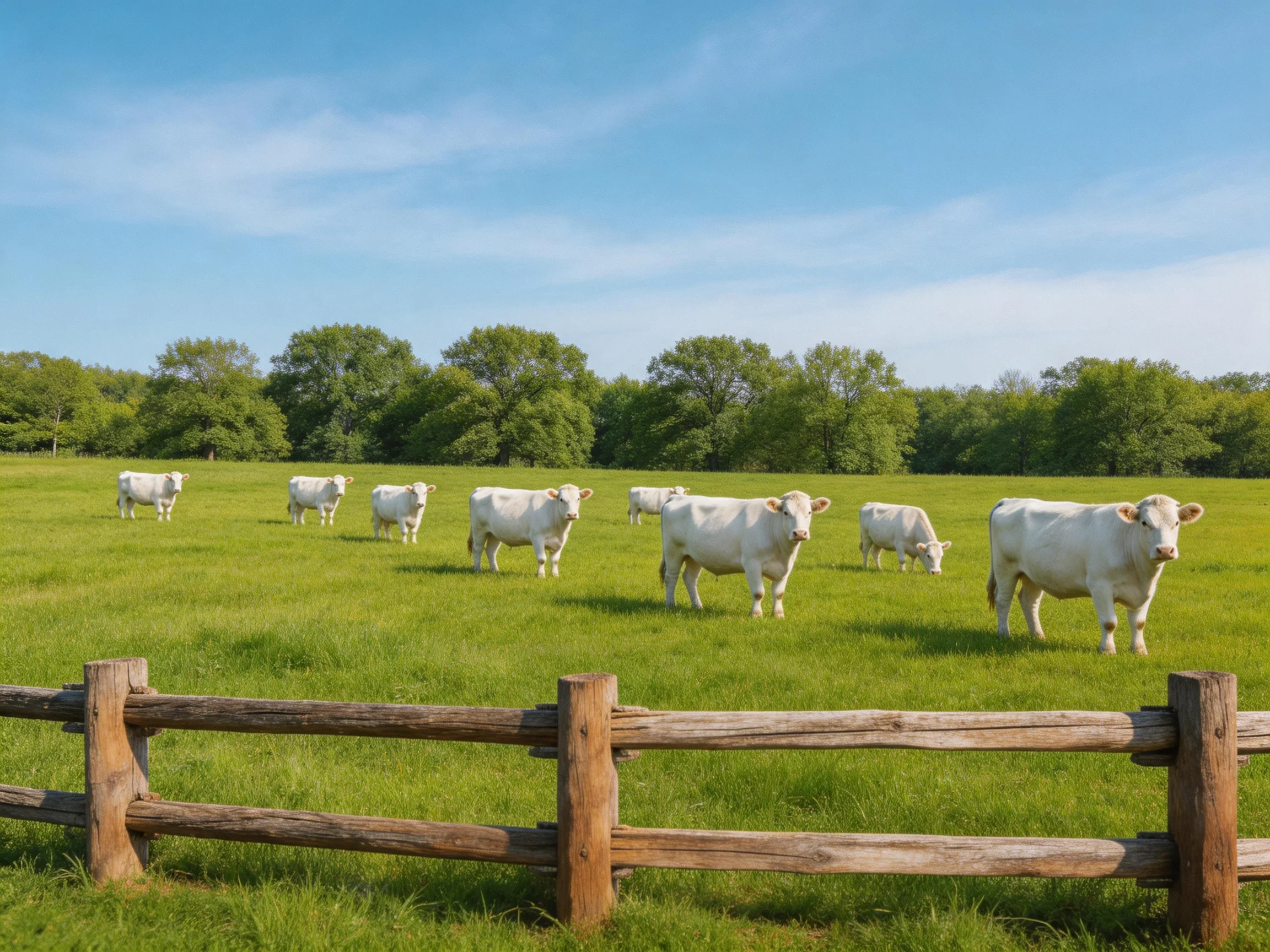Nine white cows graze in a lush green pasture with a wooden fence