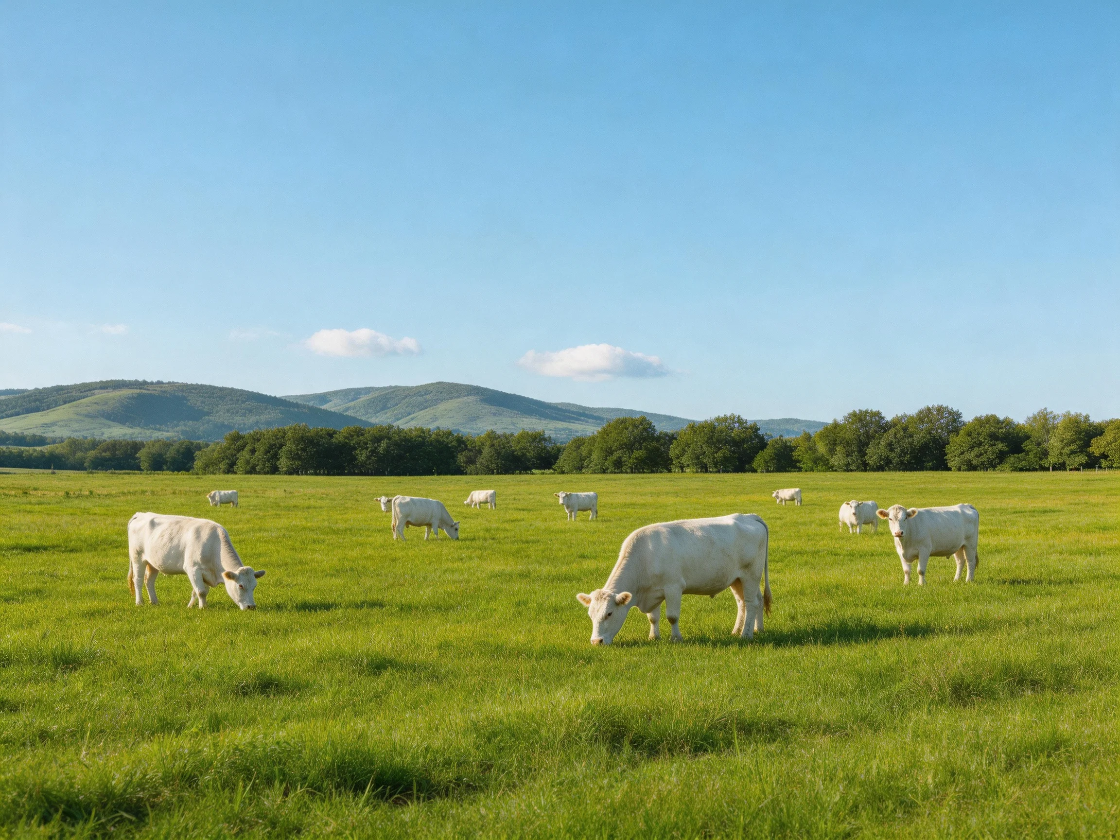 Nine white cows graze in a lush green pasture with distant hills