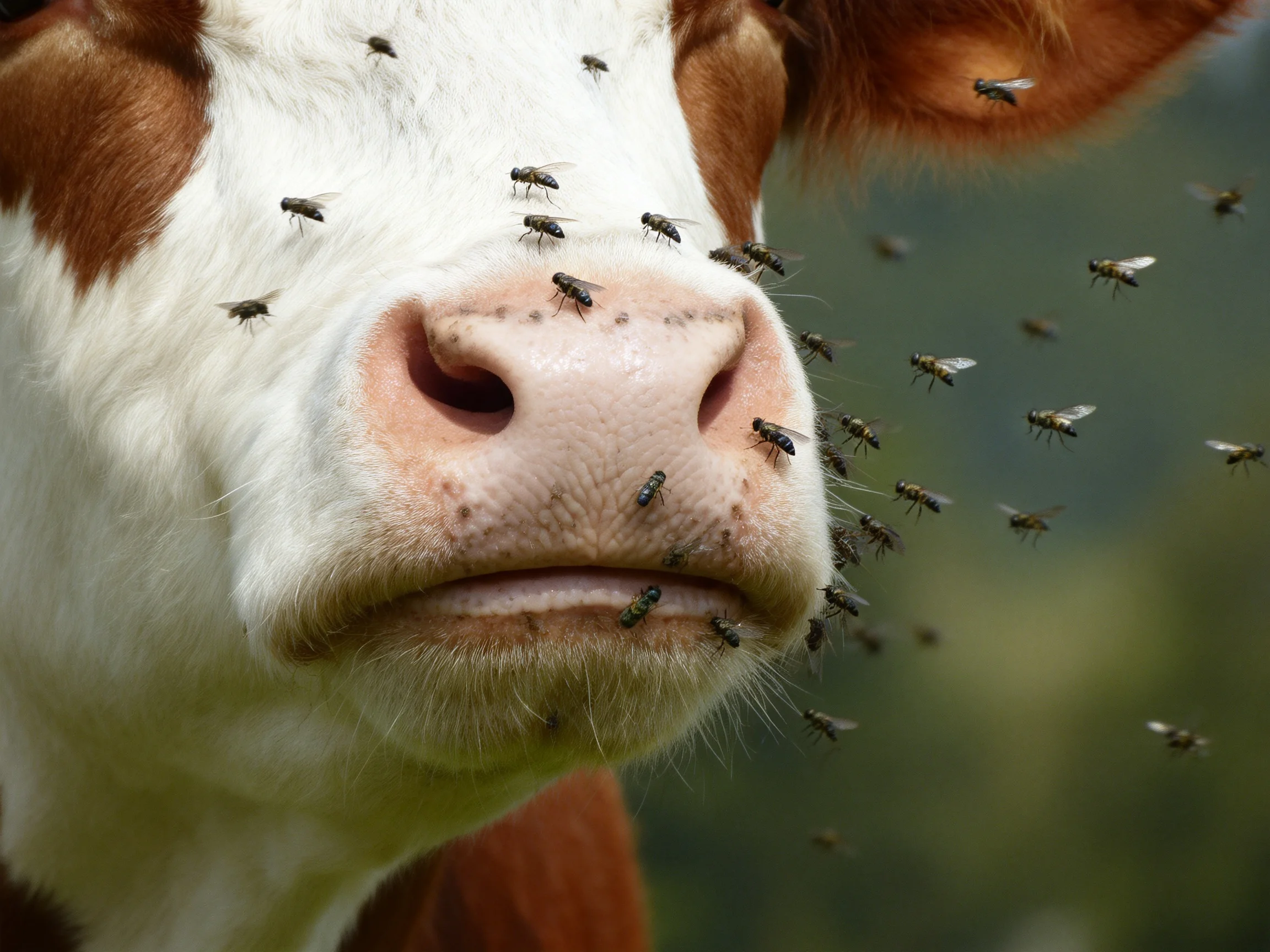 Numerous black flies swarm around a brown and white cow
