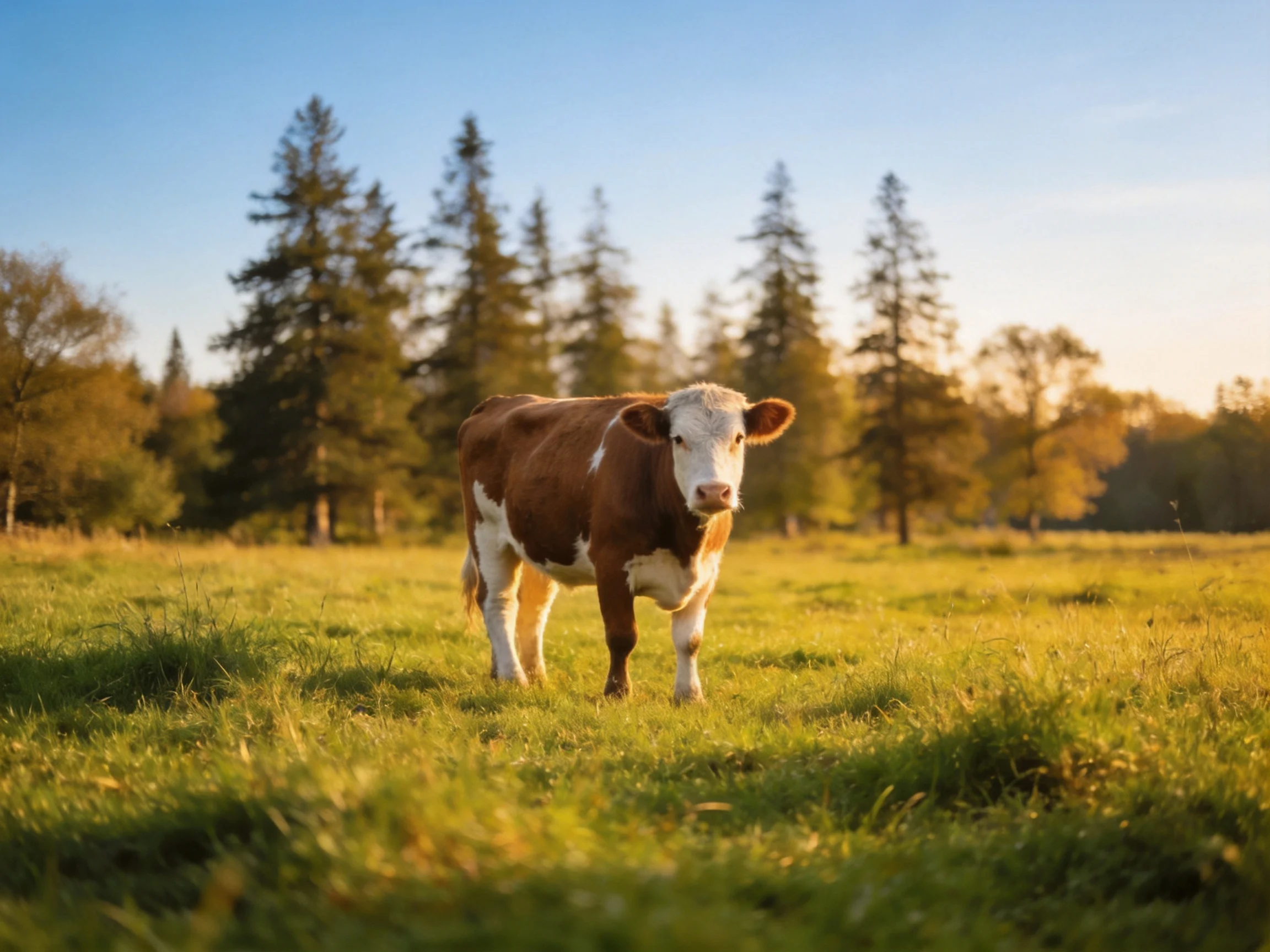 One brown and white cow in a sunlit green pasture near tall evergreen trees