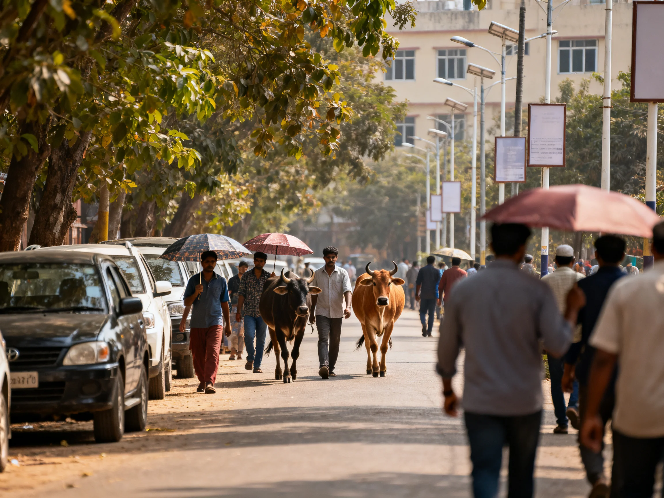 Pedestrians and cattle share a tree - lined urban street with parked cars