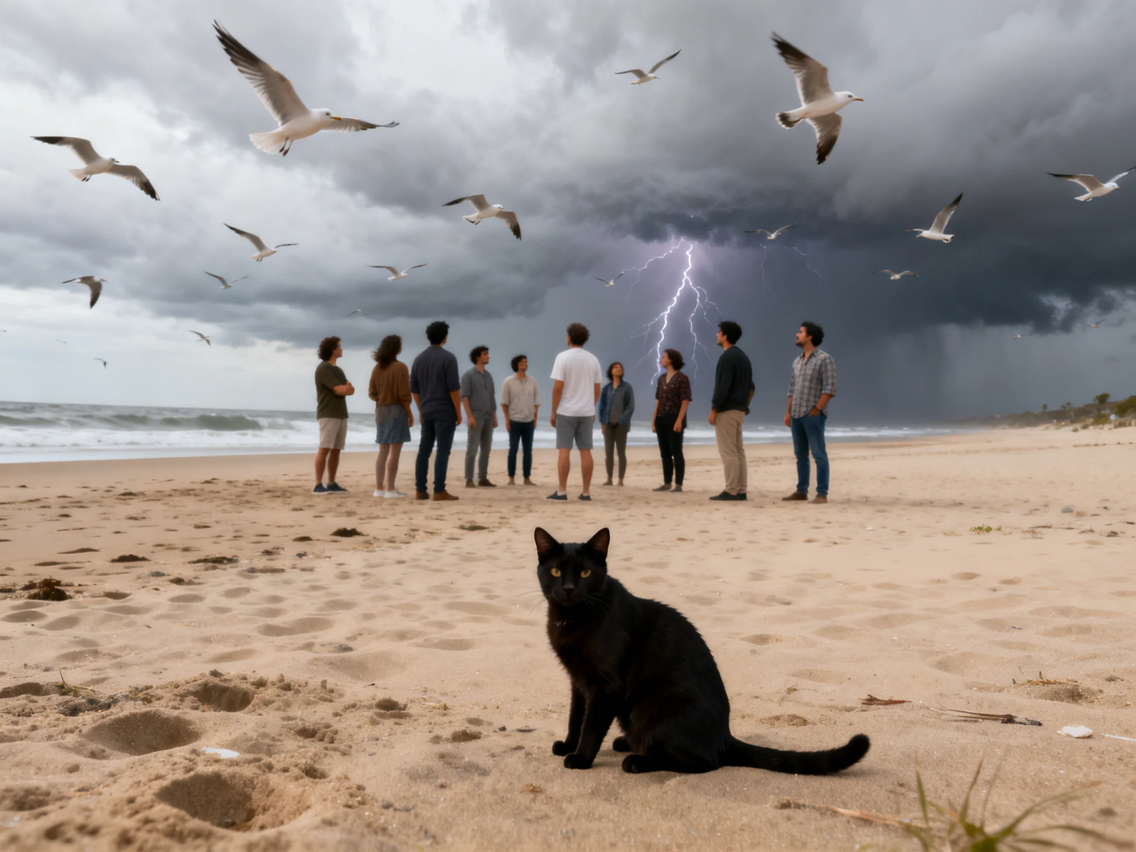 People gather on a sandy beach amid seagulls and a stormy sky with lightning