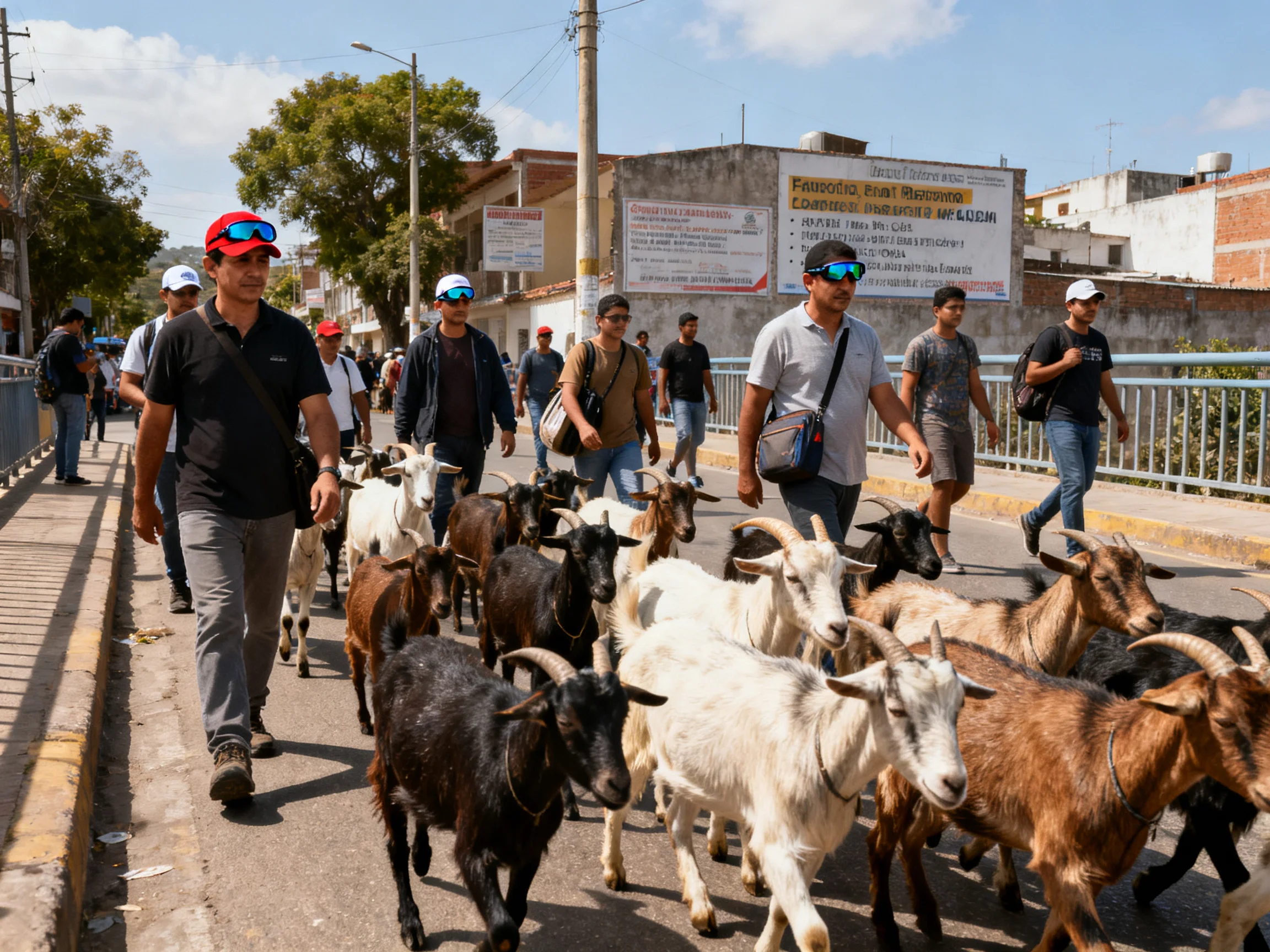People herding multicolored goats along a sunny street