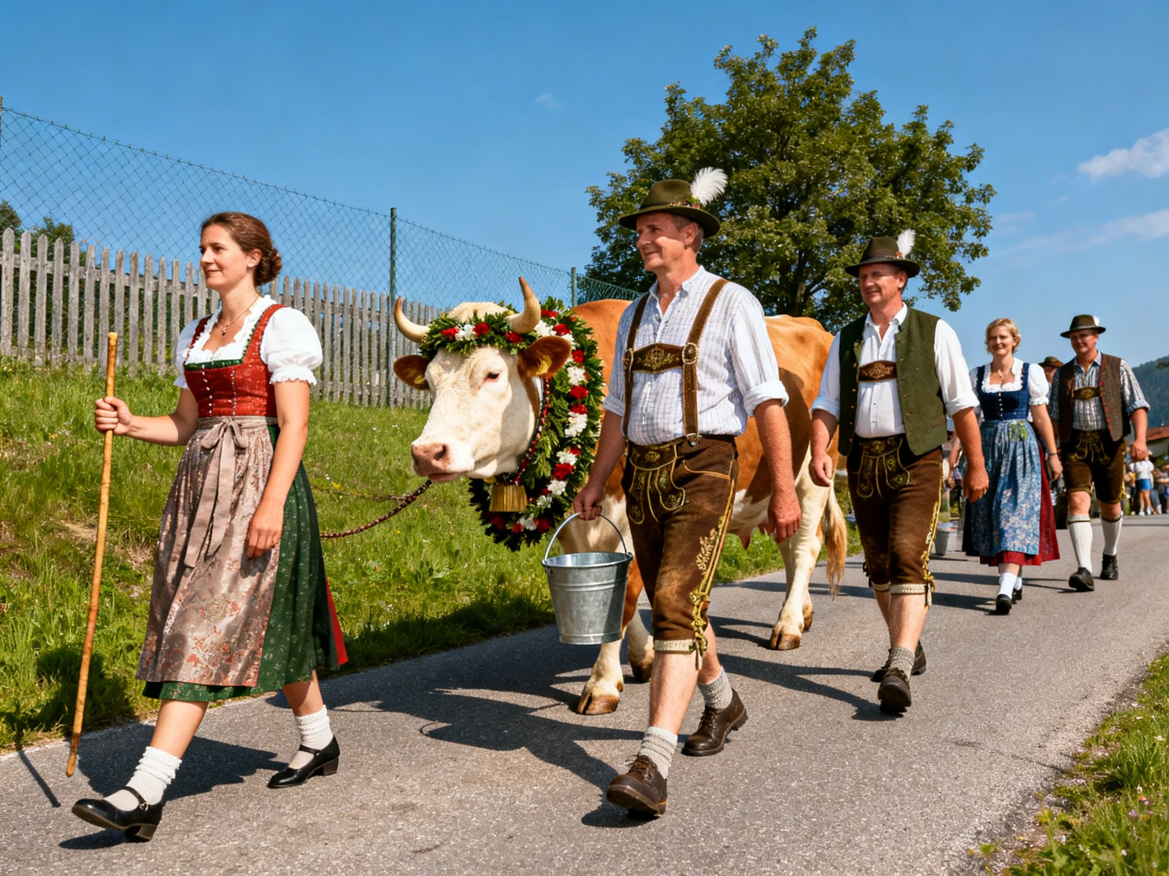 People in Traditional Attire Marching With a Decorated Cow on a Sunny Day