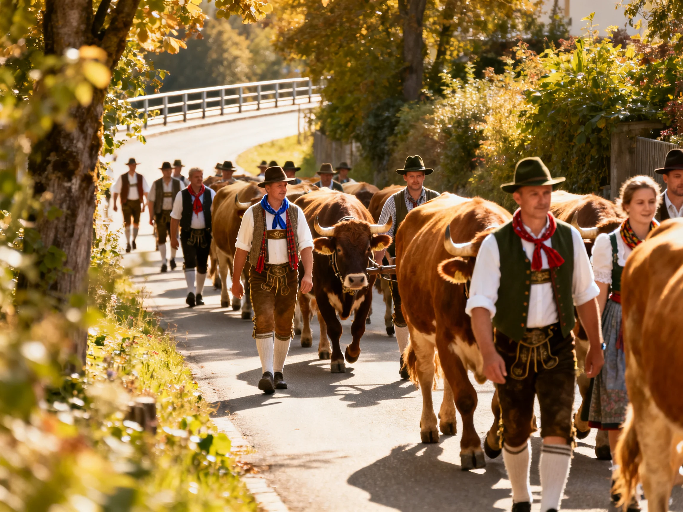People in traditional clothing herd brown cattle on a sunlit rural road.