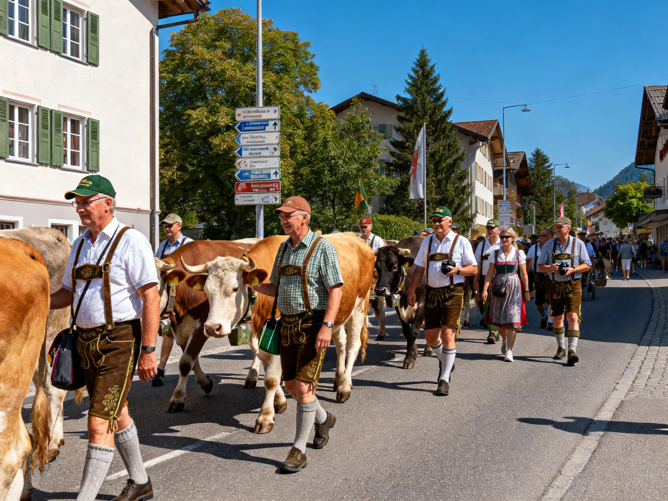 People in traditional clothing lead cows through a sunny village street