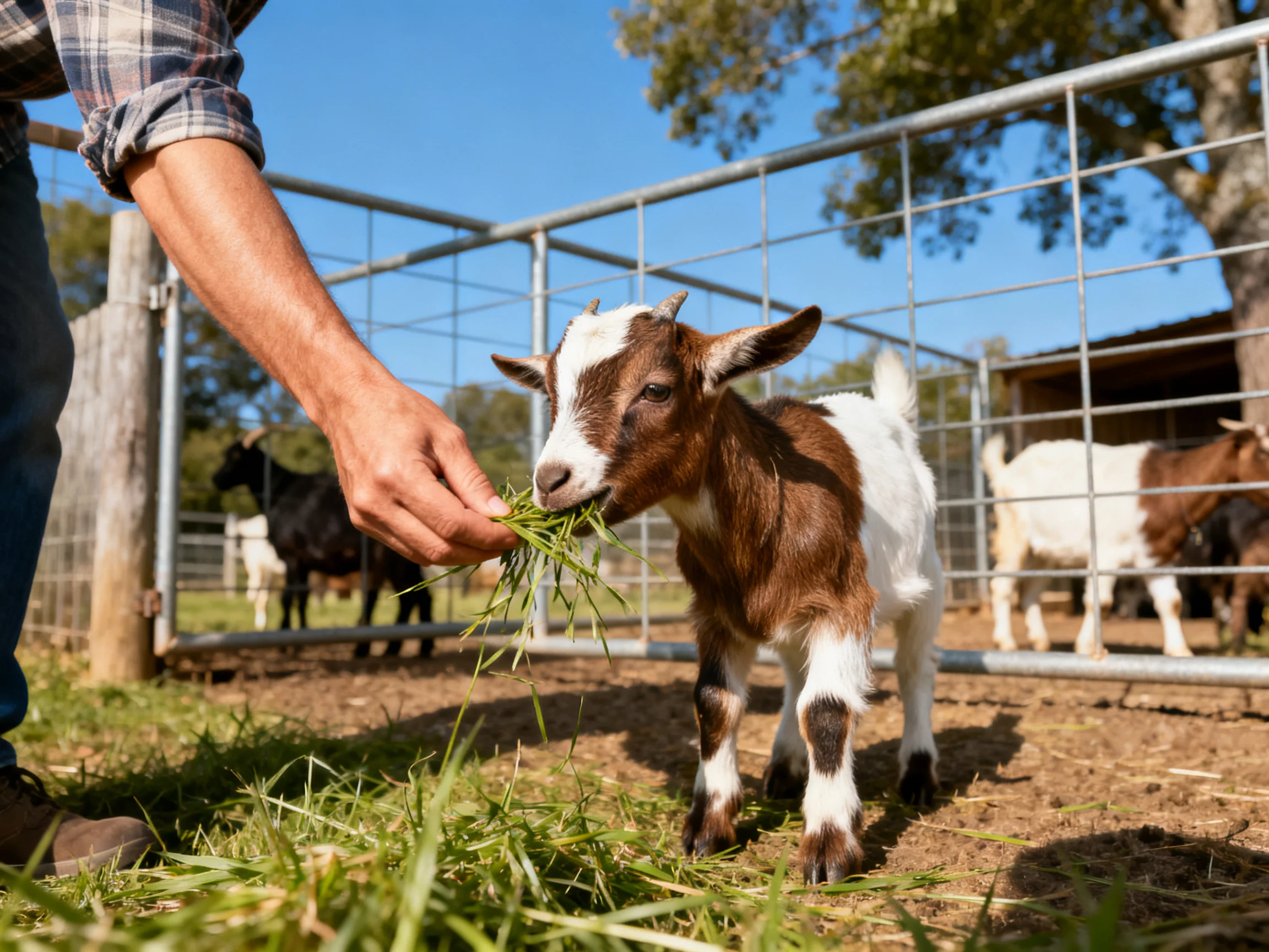 Person feeds brown-and-white baby goat with green hay in farm enclosure.