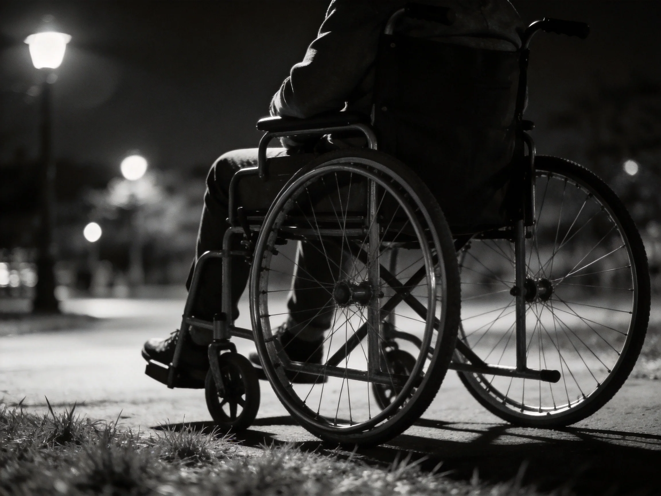 Person in a wheelchair on a dimly lit nighttime street with blurred streetlights