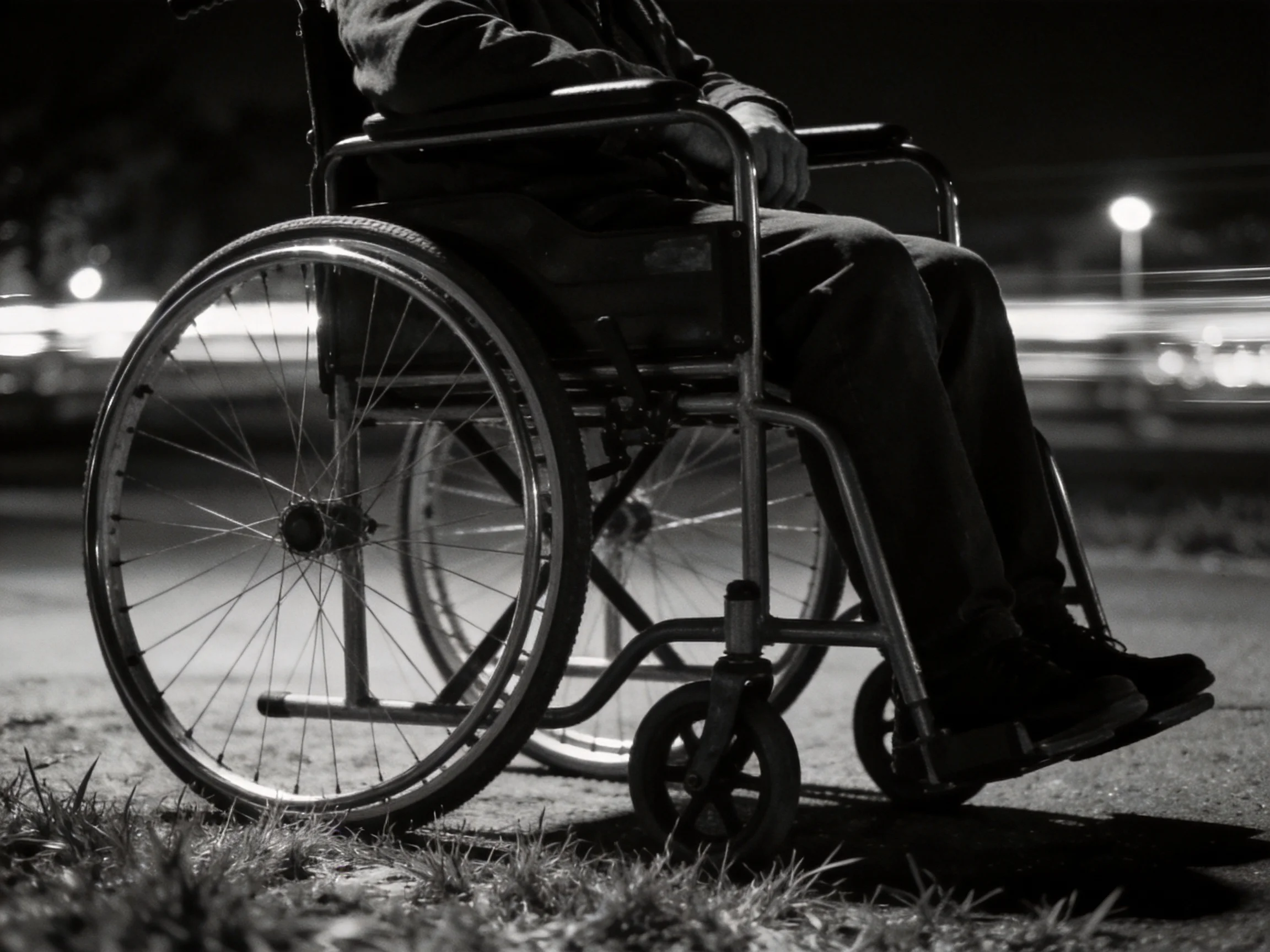 Person in a wheelchair on a nighttime street with blurred city lights